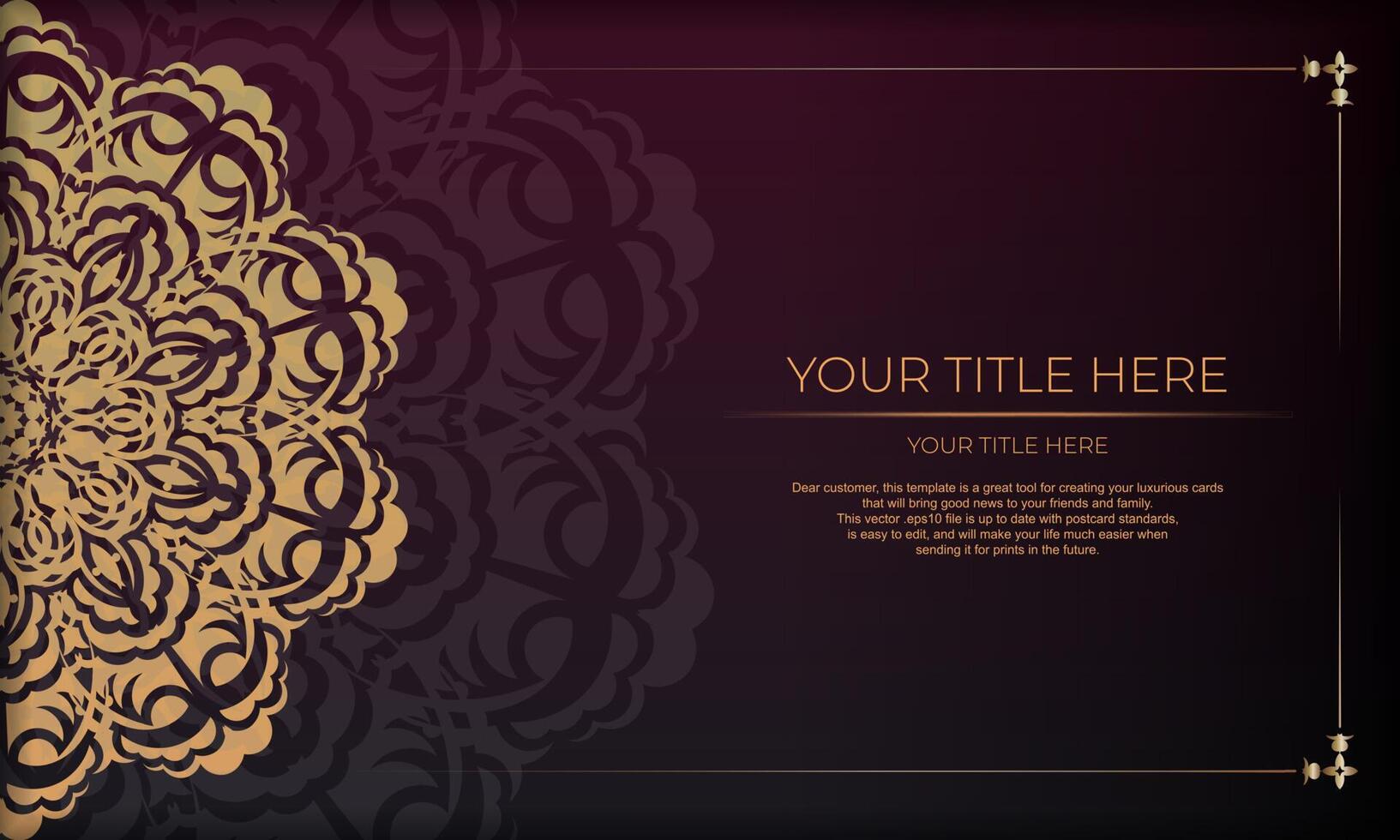 Burgundy banner with vintage ornaments and place for your design. Template for design printable invitation card with mandala patterns. vector