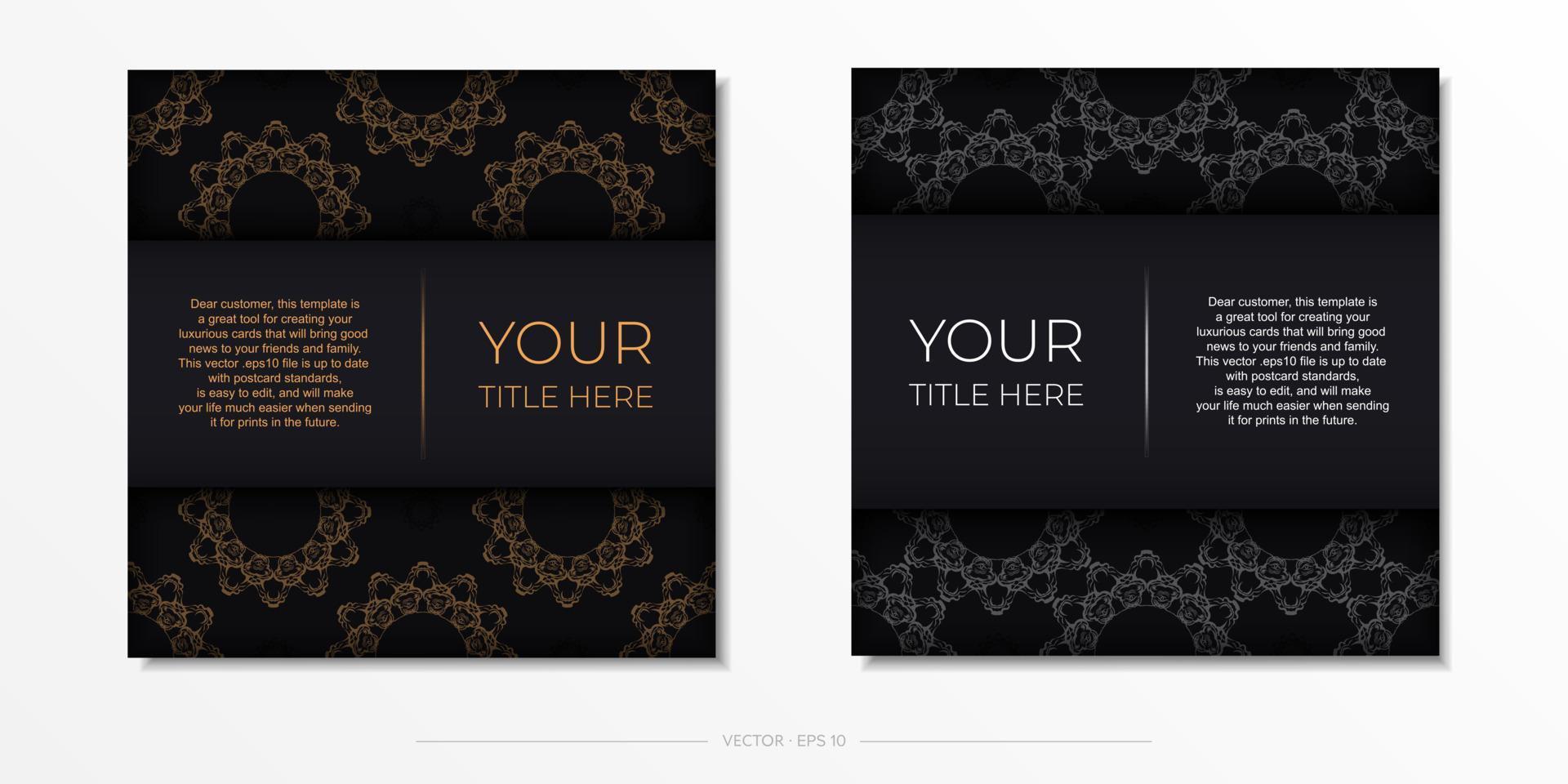 postales cuadradas en negro con lujosos adornos dorados. diseño vectorial de tarjeta de invitación con patrones antiguos. vector