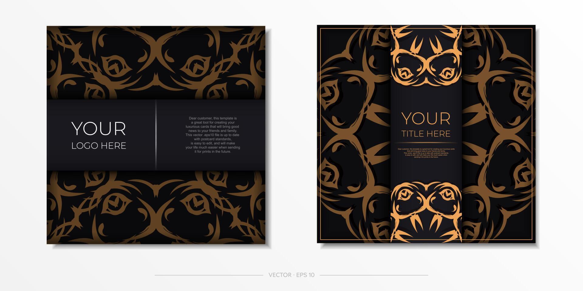 Dark square postcards with abstract ornament. Vector design of invitation card with vintage patterns.