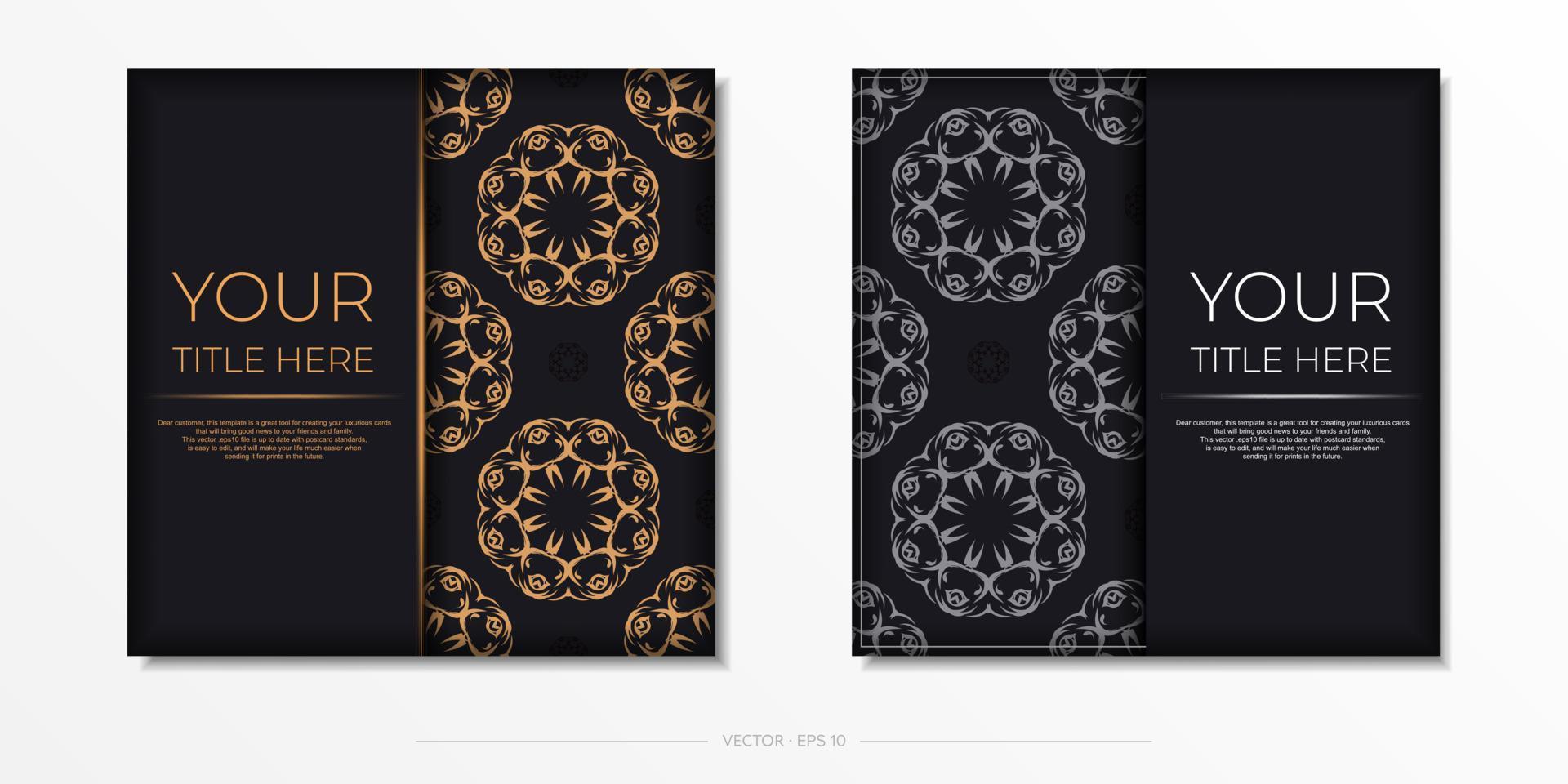 Square Vector Dark color postcard template with abstract patterns. Print-ready invitation design with vintage ornaments.