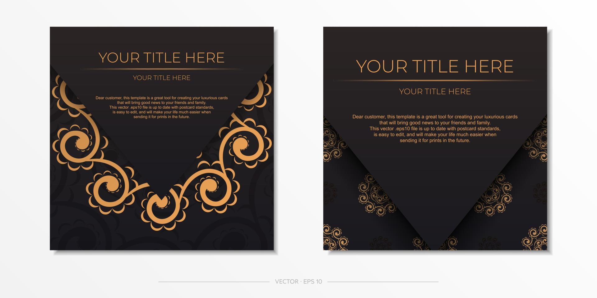 Square Postcard template in black color with Indian ornament. Print-ready invitation design with mandala patterns. vector