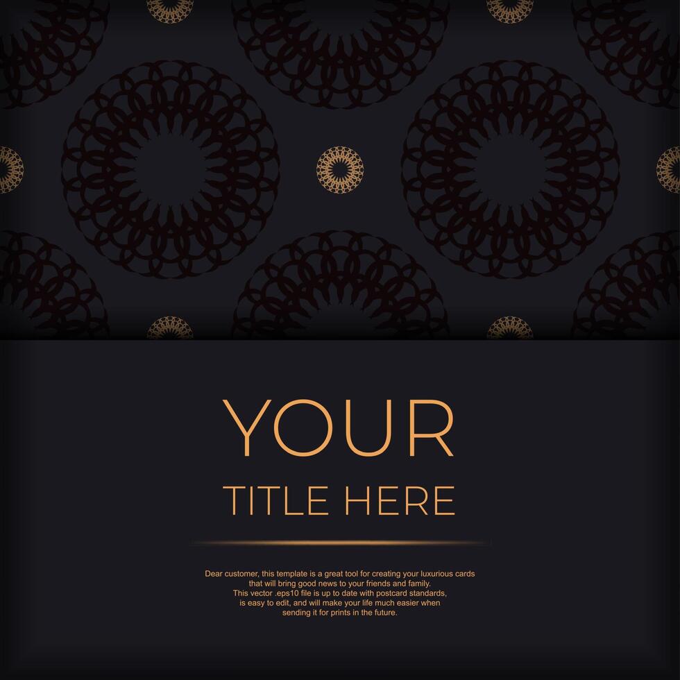 Stylish Ready-to-print postcard design in black with luxurious Greek patterns. Invitation card template with vintage ornament. vector