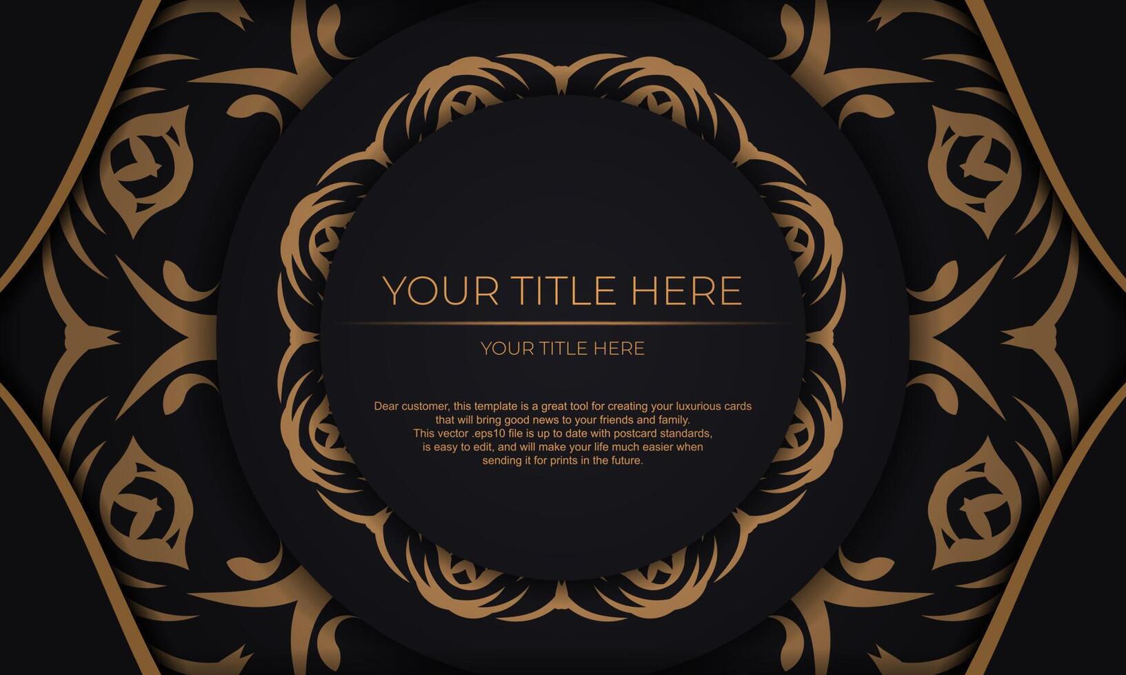 Black vector banner with abstract ornaments for your design. Template for print design invitation card with vintage ornament.