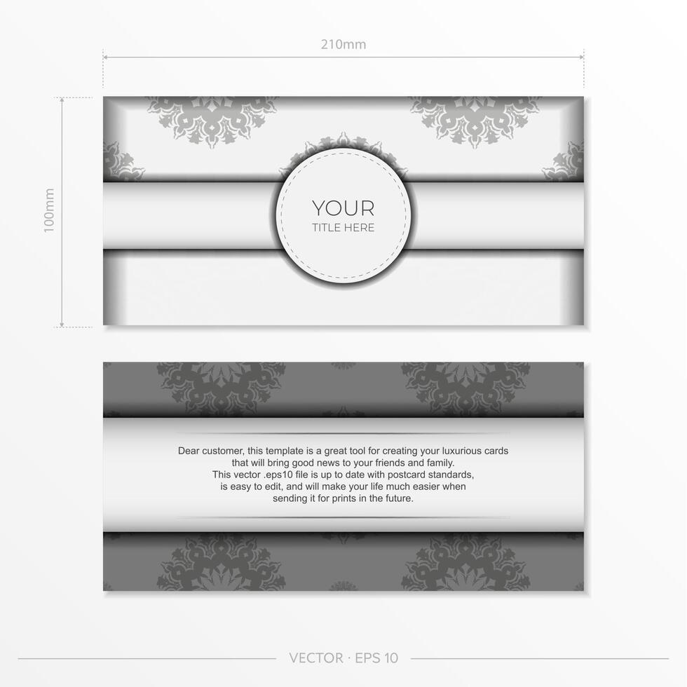 Stylish Ready-to-print white postcard design with luxurious Greek patterns. Invitation card template with vintage ornament. vector