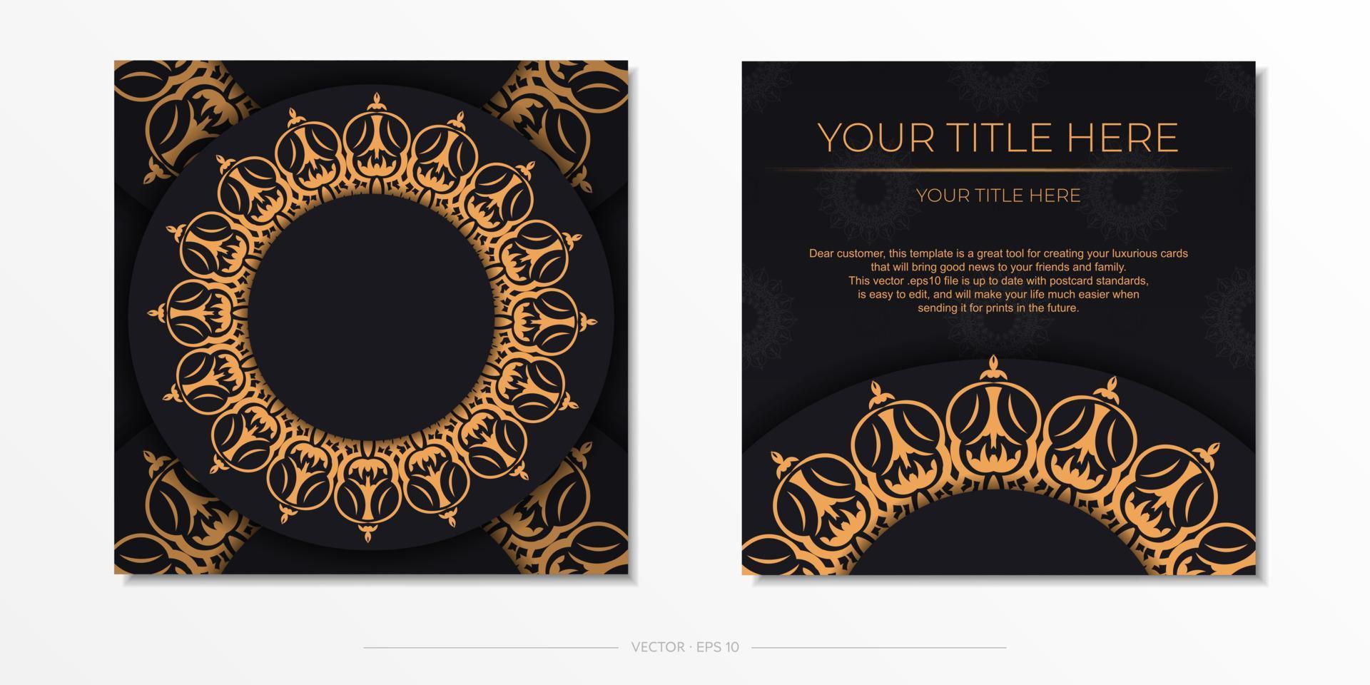 plantilla de postal cuadrada en color negro con lujosos adornos. diseño de invitación listo para imprimir con patrones antiguos. vector