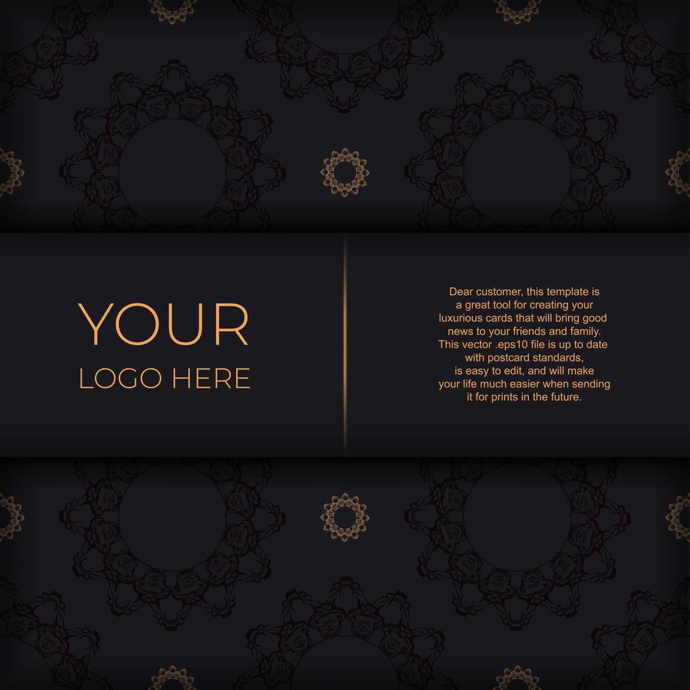 Square Postcard template in black color with luxurious gold patterns. Print-ready invitation design with vintage ornaments. vector