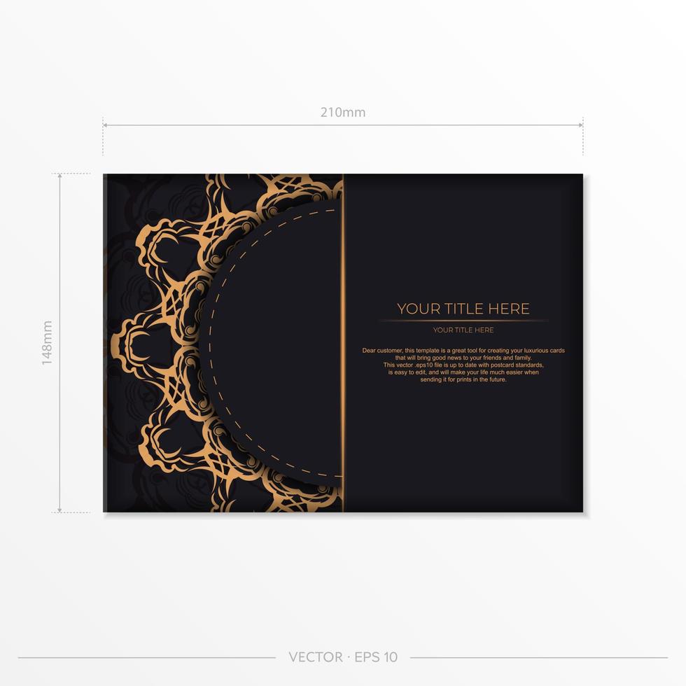 Rectangular Vector Preparing postcards in black with luxury gold ornaments. Template for design printable invitation card with vintage patterns.