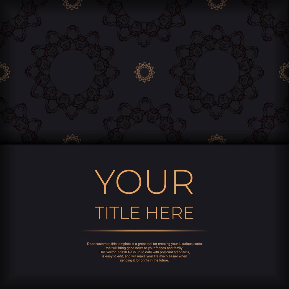 Square Postcard template in black color with luxurious gold patterns. Print-ready invitation design with vintage ornaments. vector