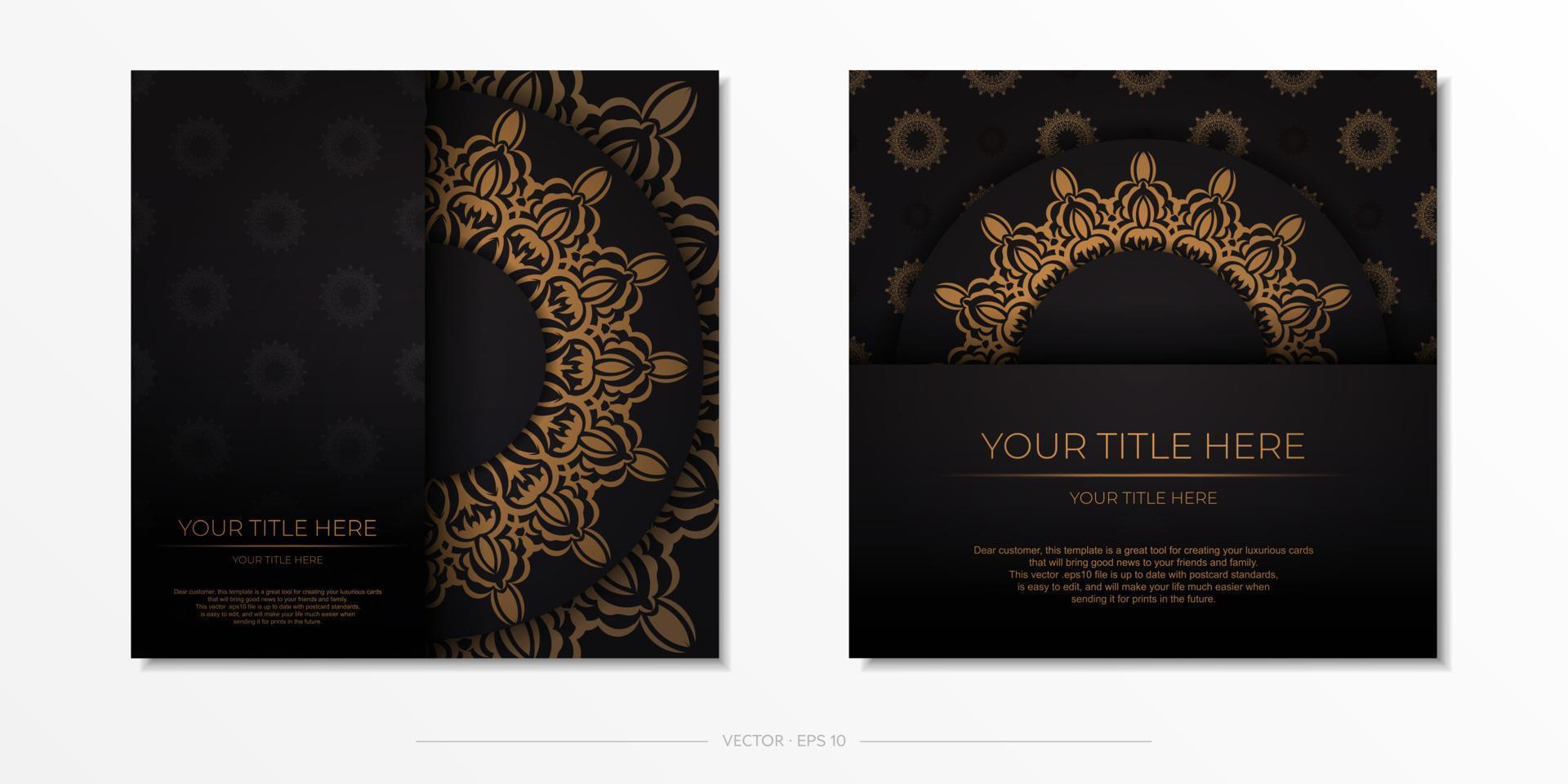 lujosa preparación de postales en negro con adornos vintage. plantilla para diseño de tarjeta de invitación imprimible con patrones de mandala. vector
