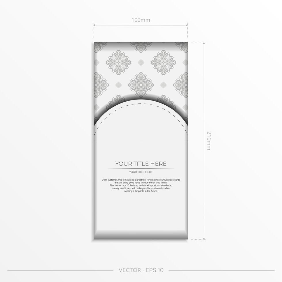Postcard template White colors with Indian ornaments. Print-ready invitation design with mandala patterns. vector