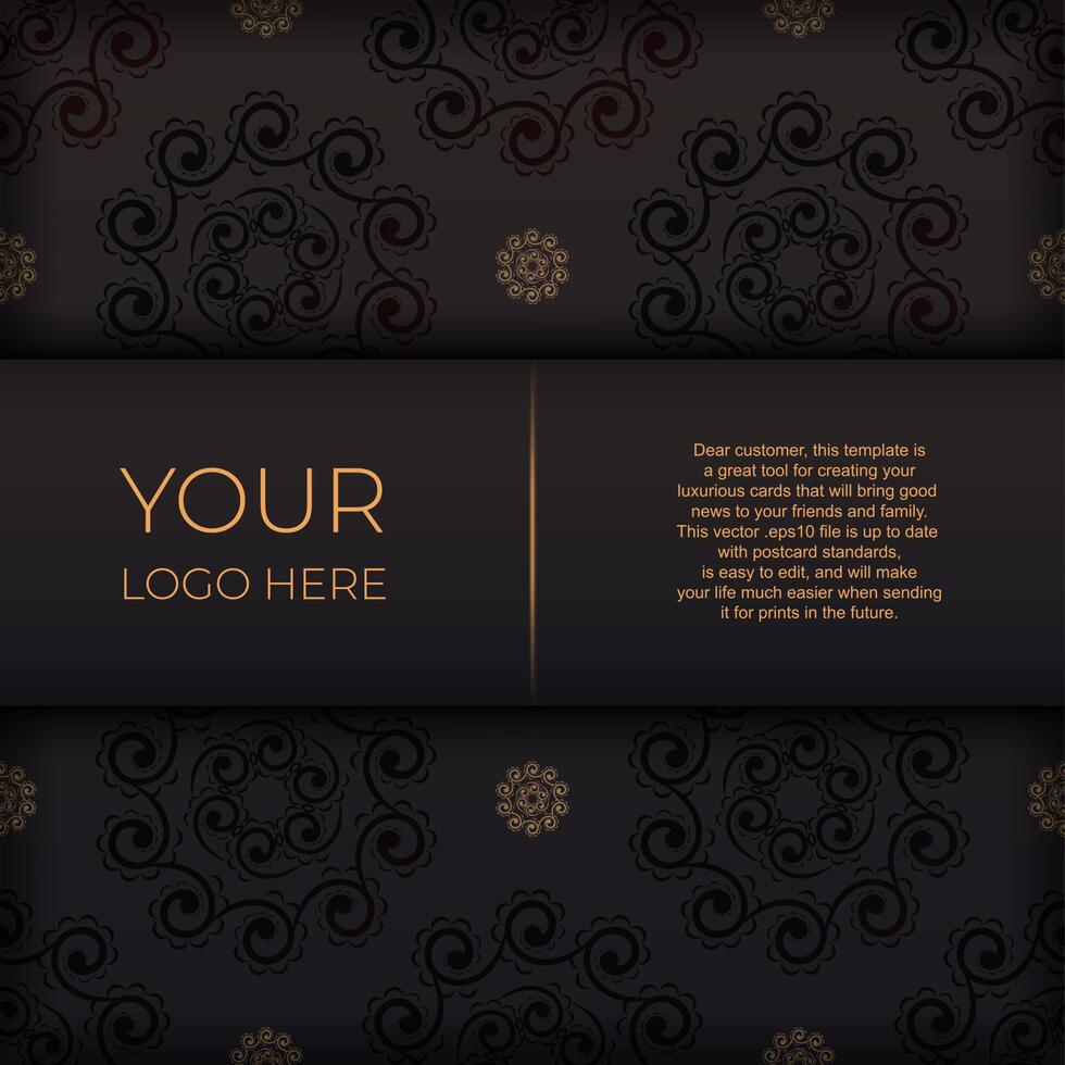 Square Postcard template in black color with Indian patterns. Print-ready invitation design with mandala ornament. vector