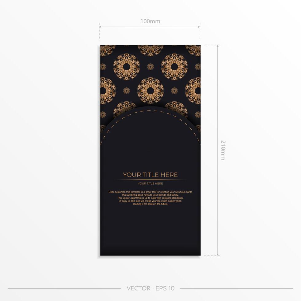 Invitation template with space for your text and abstract patterns. Vector black color greeting card design with orange patterns.