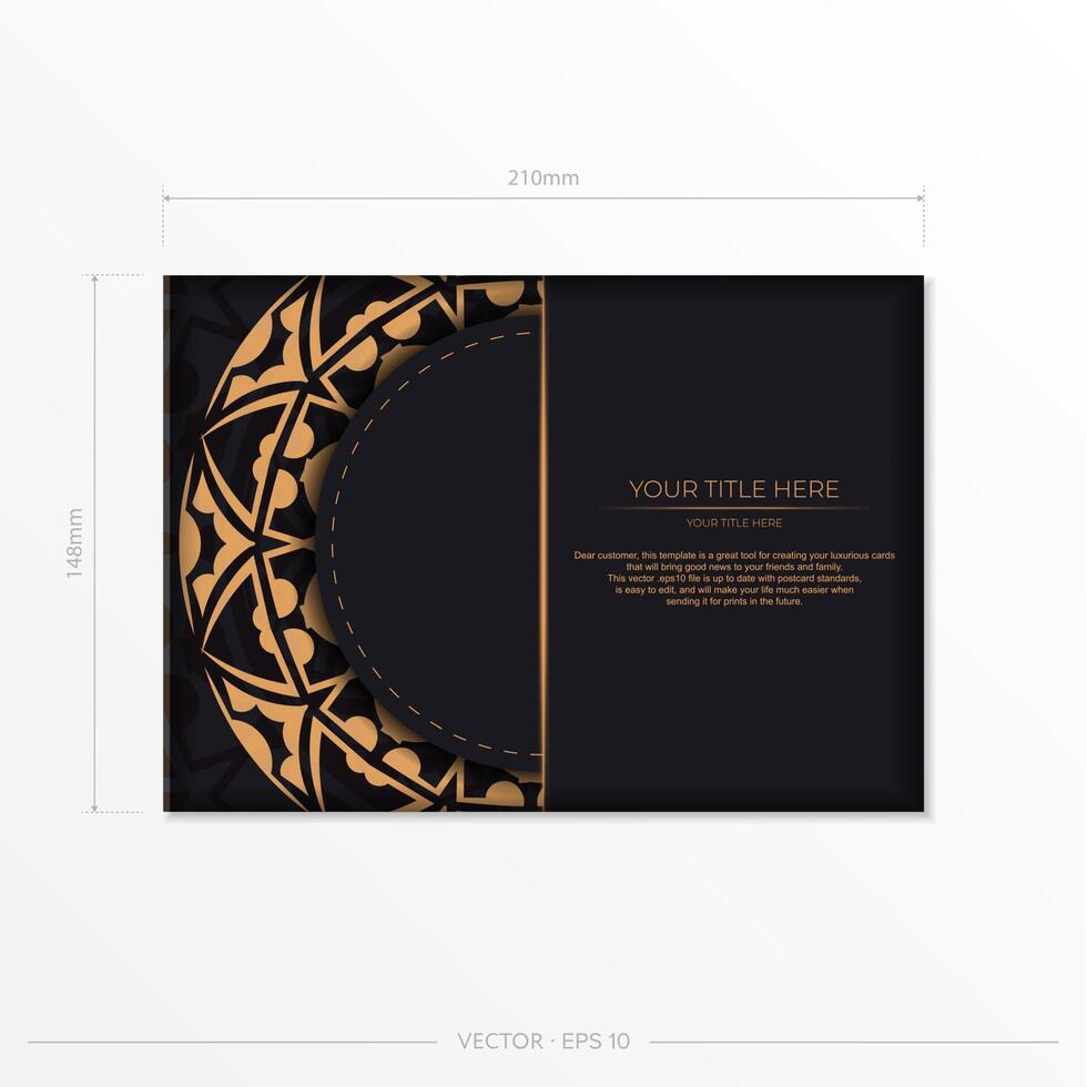 Vector Ready to print postcard design in black color with orange patterns. Invitation card template with place for your text and abstract ornament.