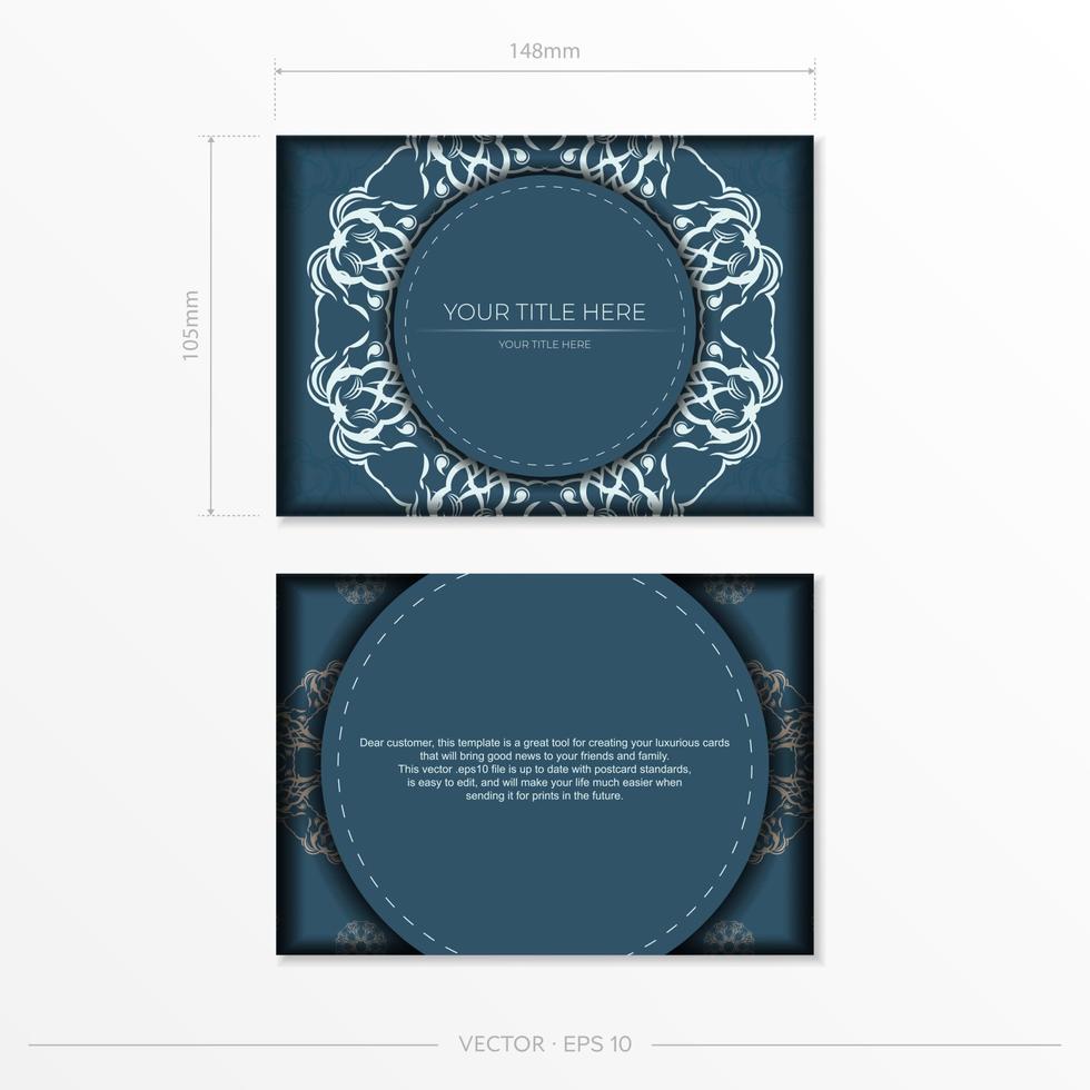 Rectangular Vector Blue color postcard template with luxurious light patterns. Print-ready invitation design with vintage ornaments.