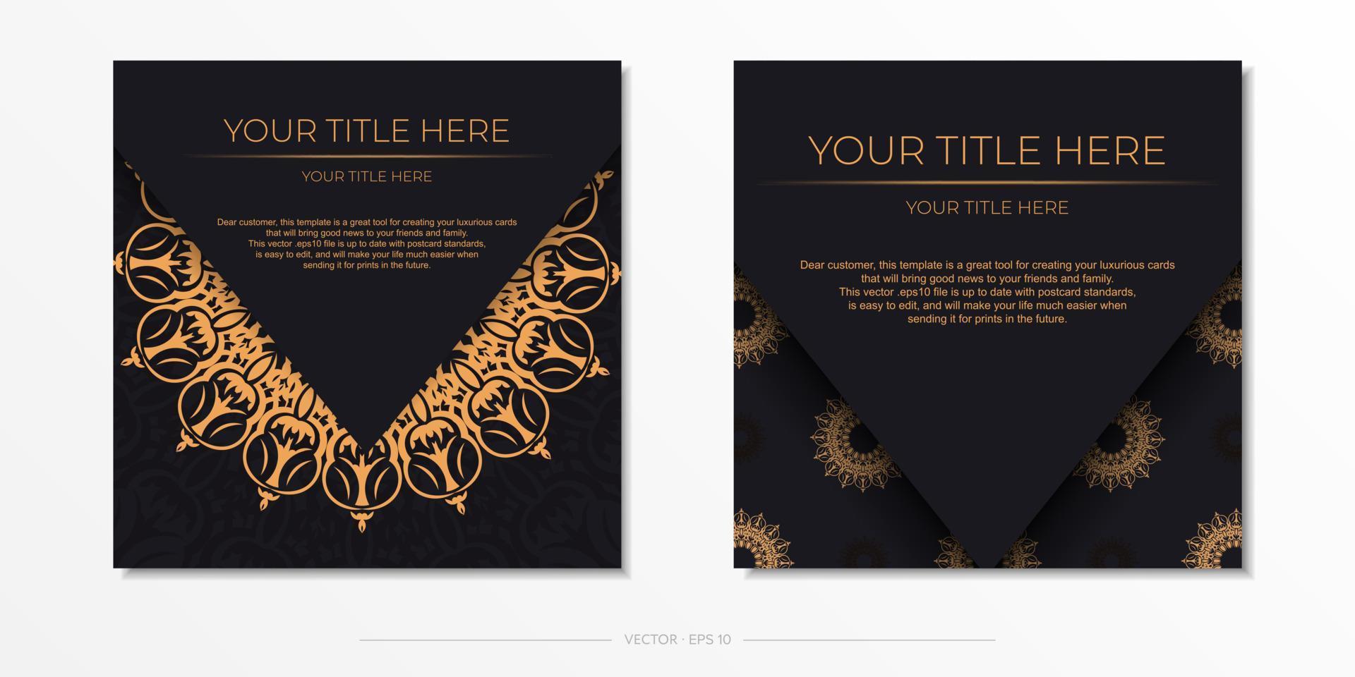 Square Postcard template in Black color with luxurious ornaments. Print-ready invitation design with vintage patterns. vector