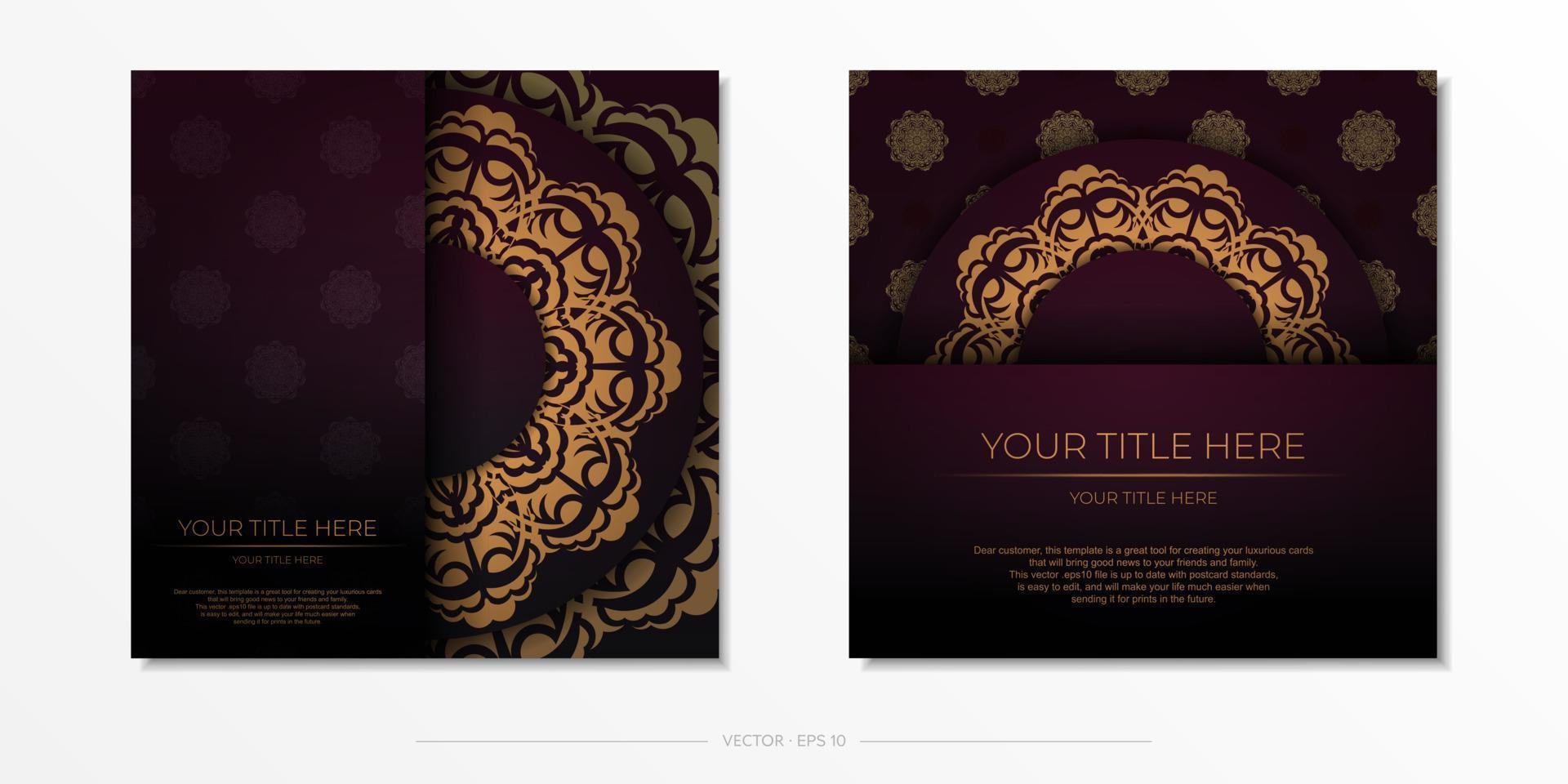 Luxurious preparation of postcards in burgundy color with vintage ornaments. Template for design printable invitation card with mandala patterns. vector