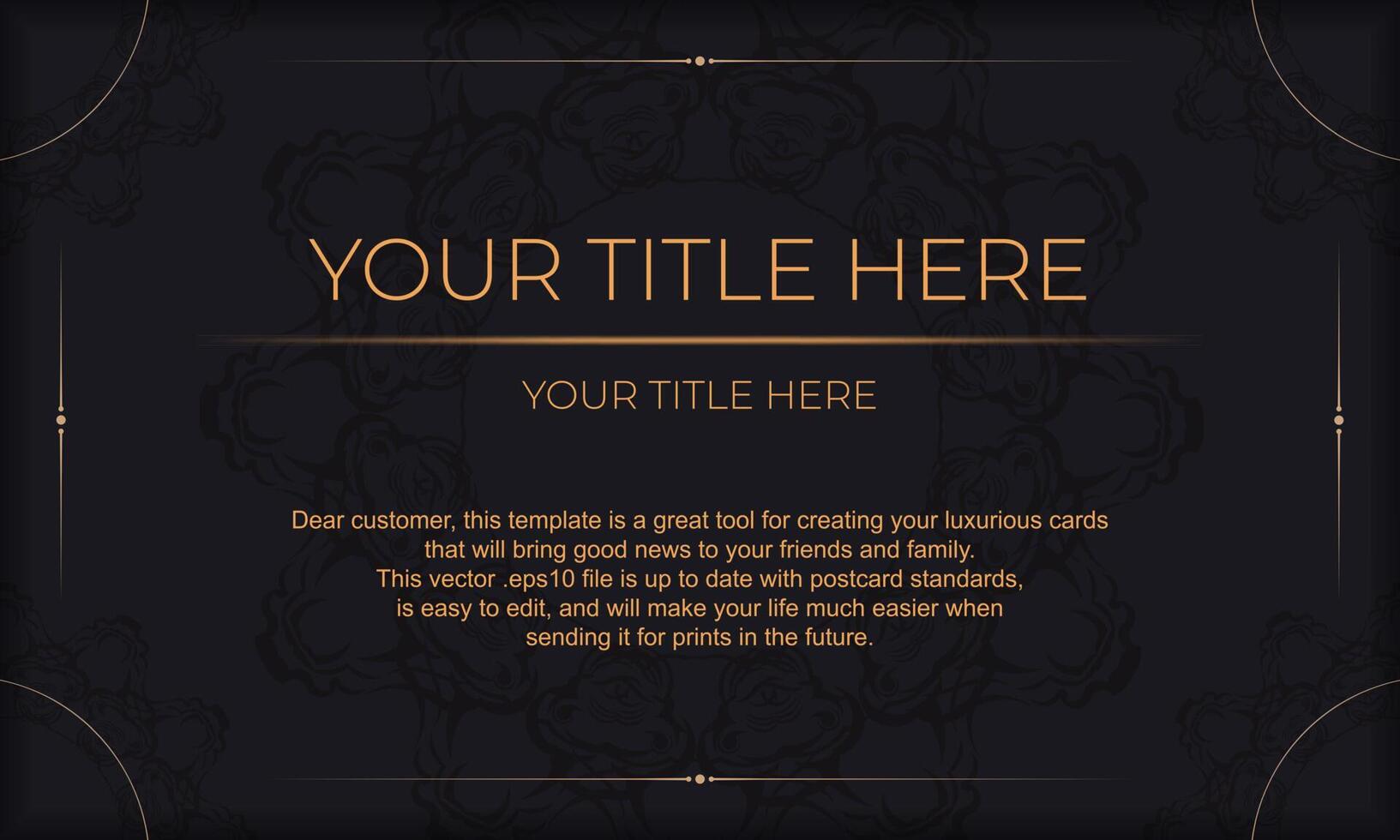 Black banner template with luxury gold ornaments and place for your text. Print-ready invitation design with vintage ornaments. vector