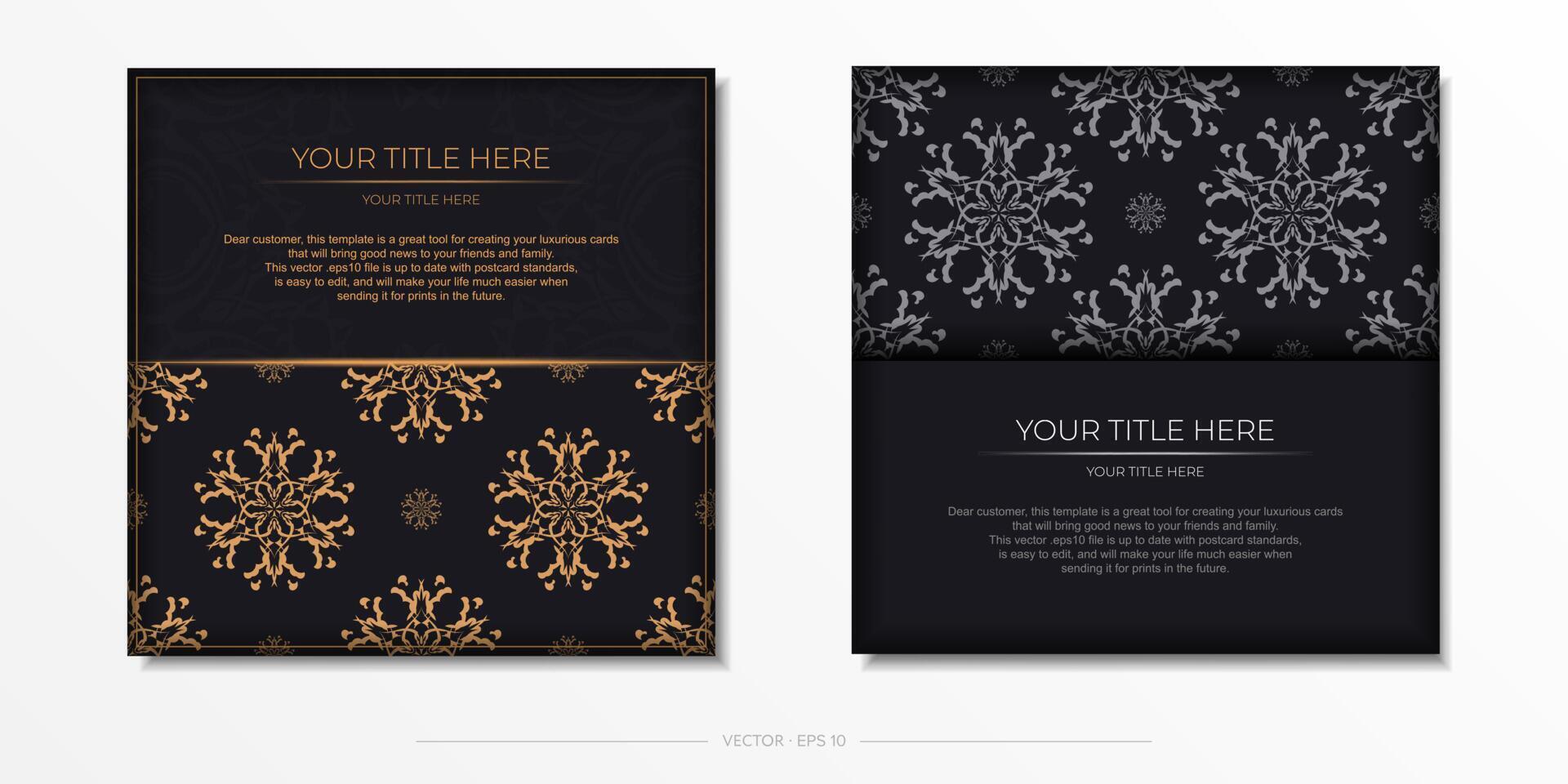 Set of Vector Cooking postcards in black color with Indian patterns. Template for print design invitation card with mandala ornament.