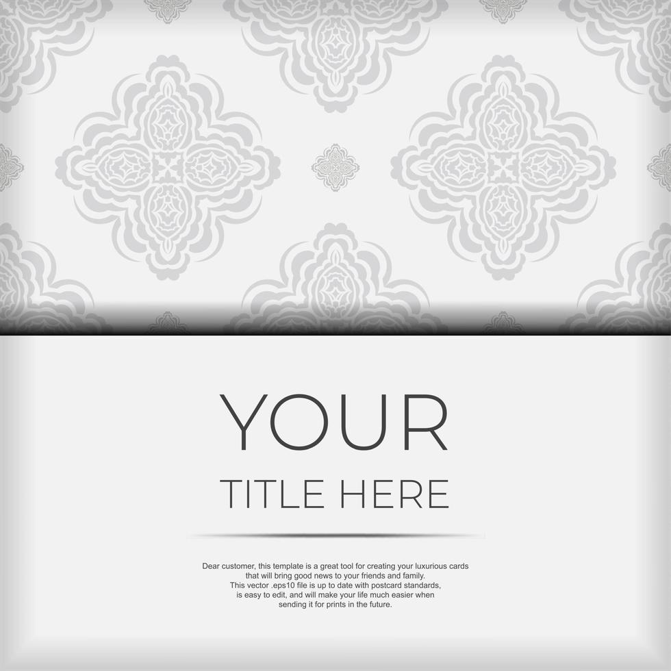 Luxurious Postcard Template White colors with Indian patterns. Print-ready invitation design with mandala ornament. vector