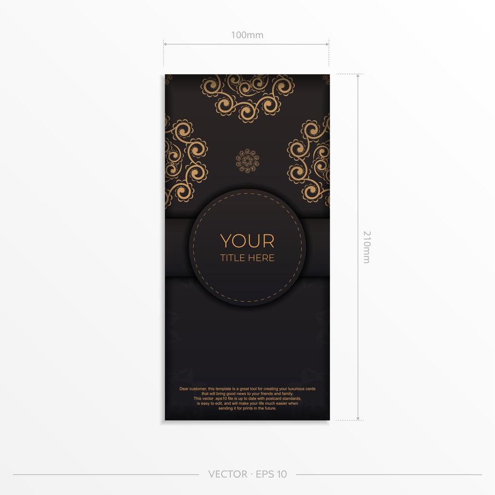 Rectangular Postcard template in black with Indian ornaments. Print-ready invitation design with mandala patterns. vector