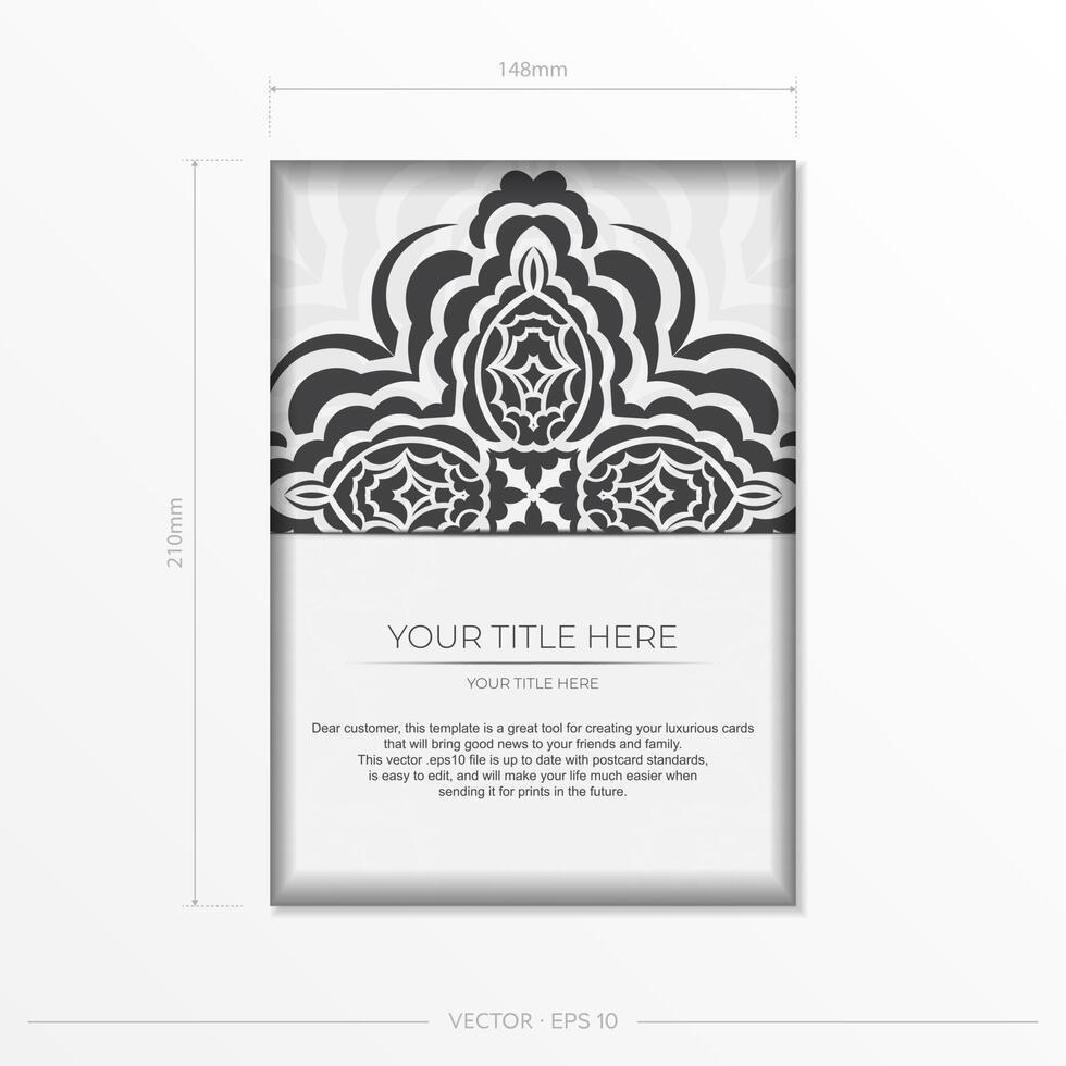 Luxurious postcard White colors with Indian ornaments. Vector design of invitation card with mandala patterns.