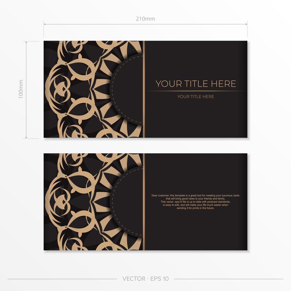 Rectangular postcard design in black with luxurious patterns. Stylish invitation with vintage ornament. vector