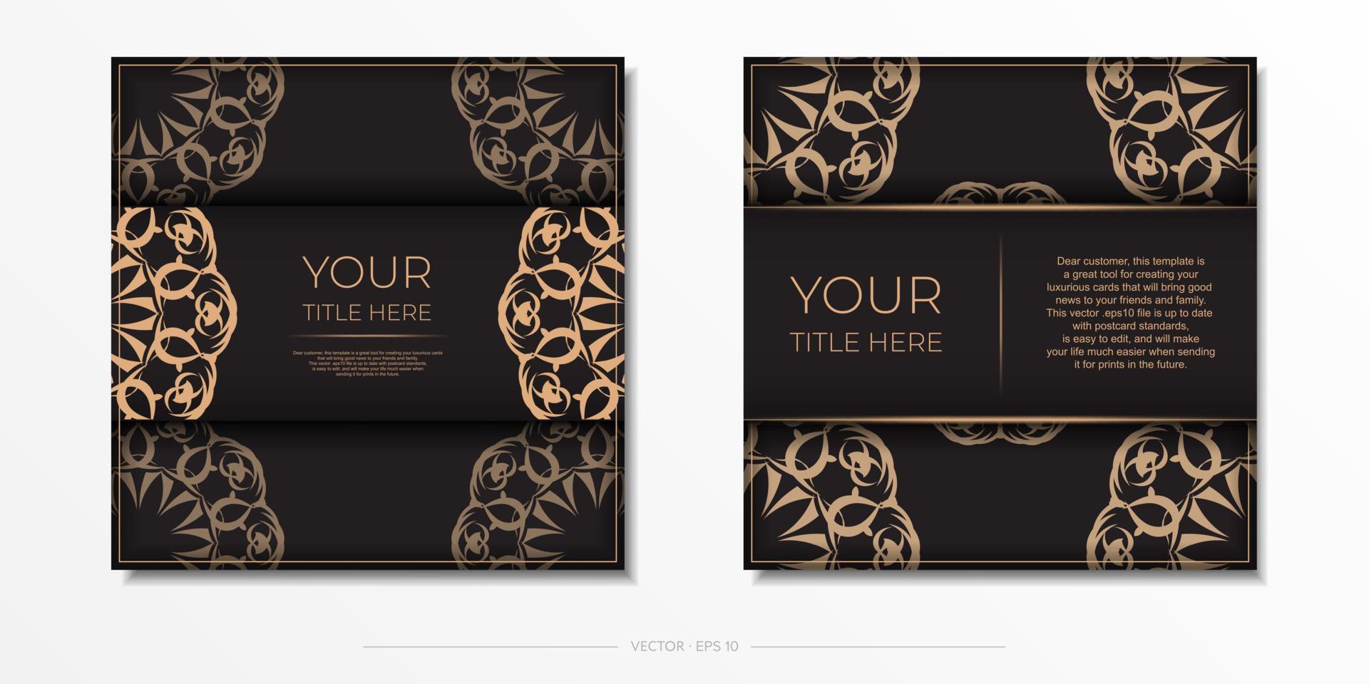 Square postcard design in black color with luxurious patterns. Vector invitation card with vintage ornament.