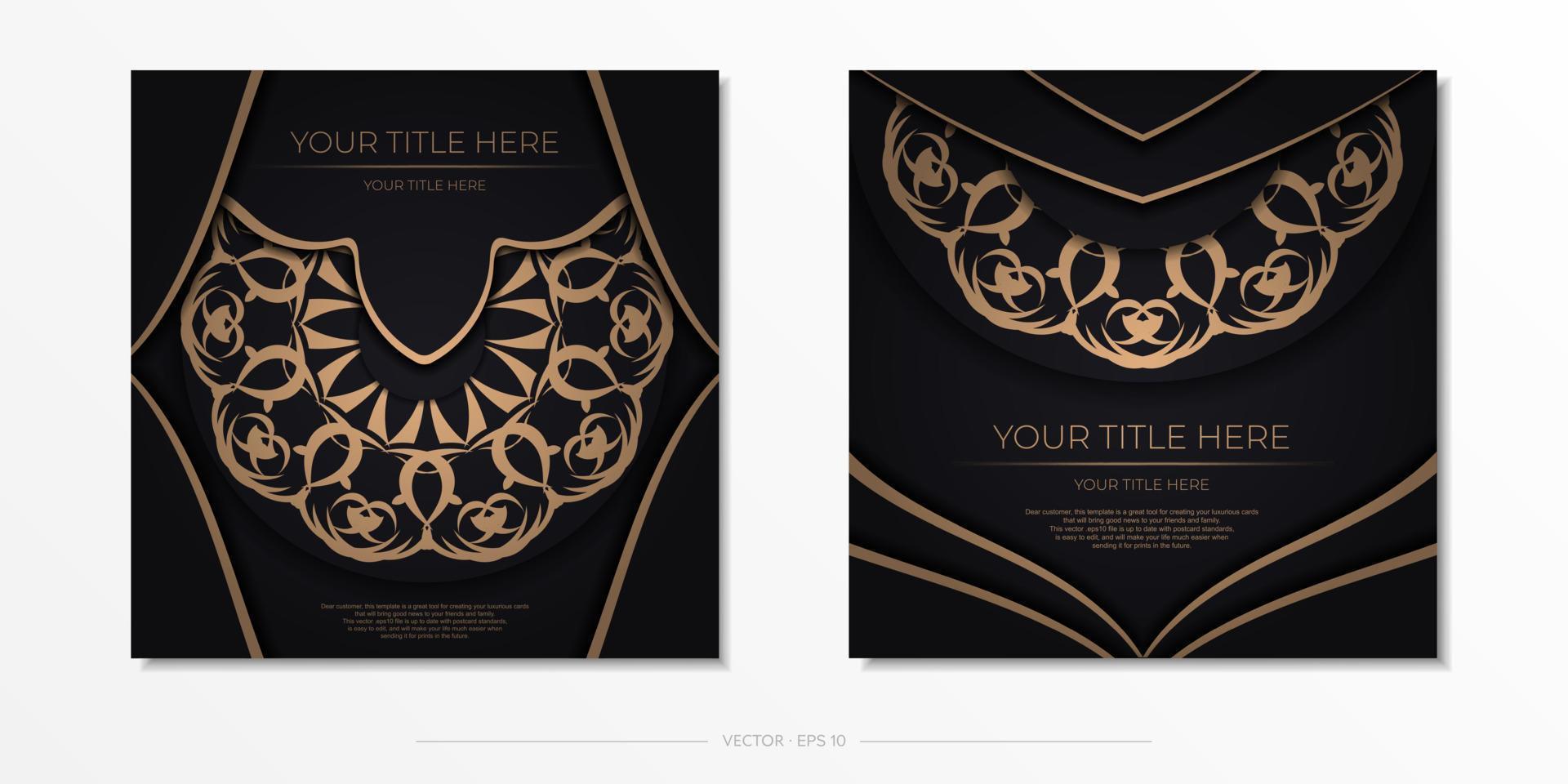 Square postcard design in black color with luxurious ornaments. Stylish invitation with vintage patterns. vector