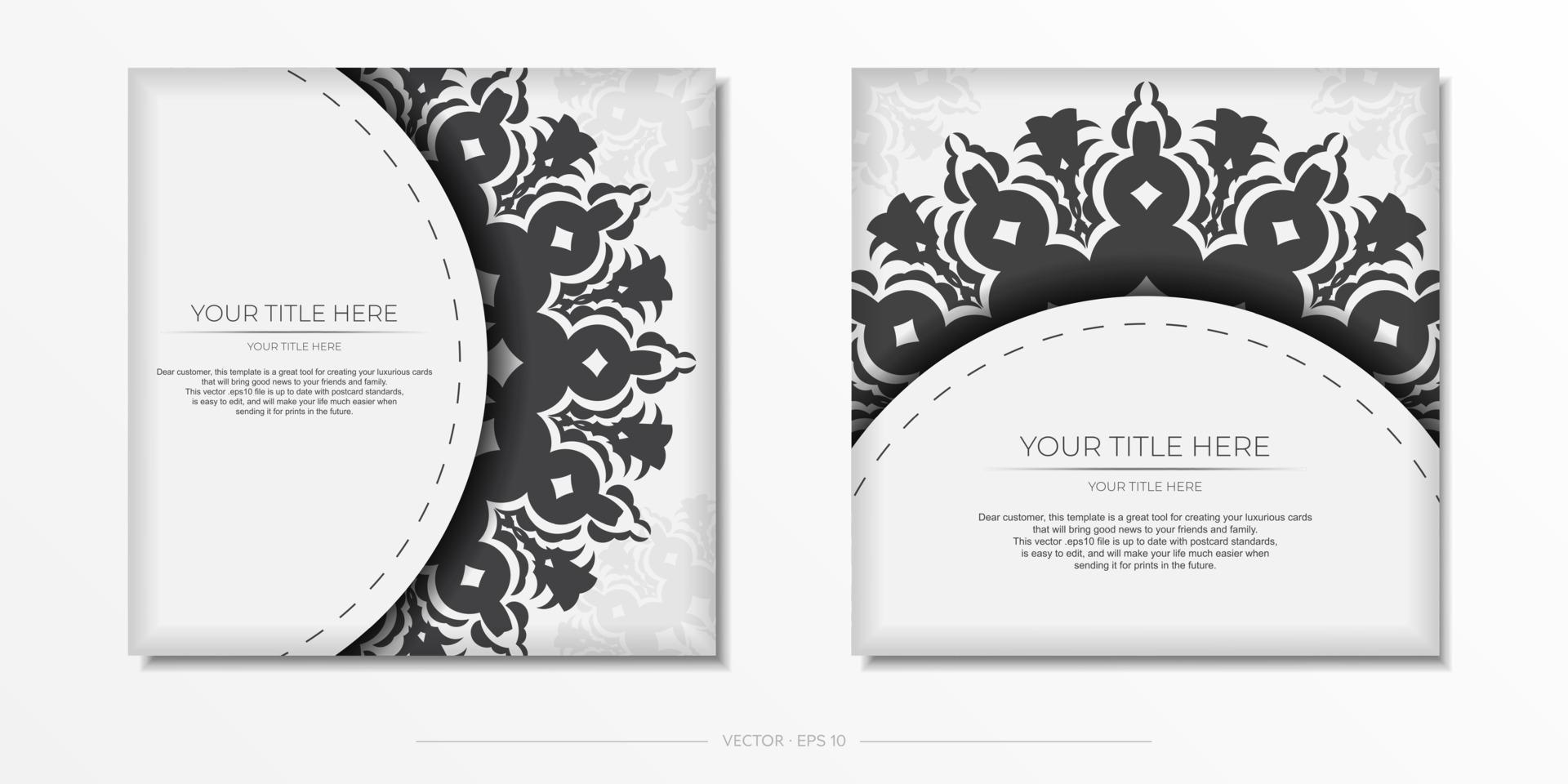 Preparing invitation card with vintage patterns.Stylish vector template for printable design postcard in white color with luxury greek