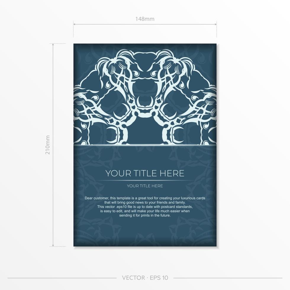 Rectangular postcards in blue color with luxurious light patterns. Invitation card design with vintage ornament. vector