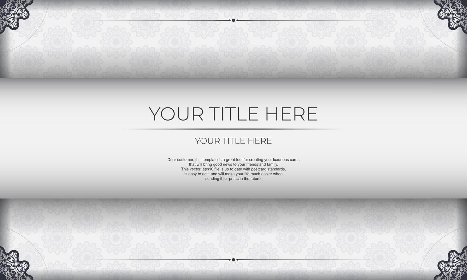 White luxury vector banner with abstract ornaments and place under text. Template for print design invitation card with vintage ornament.