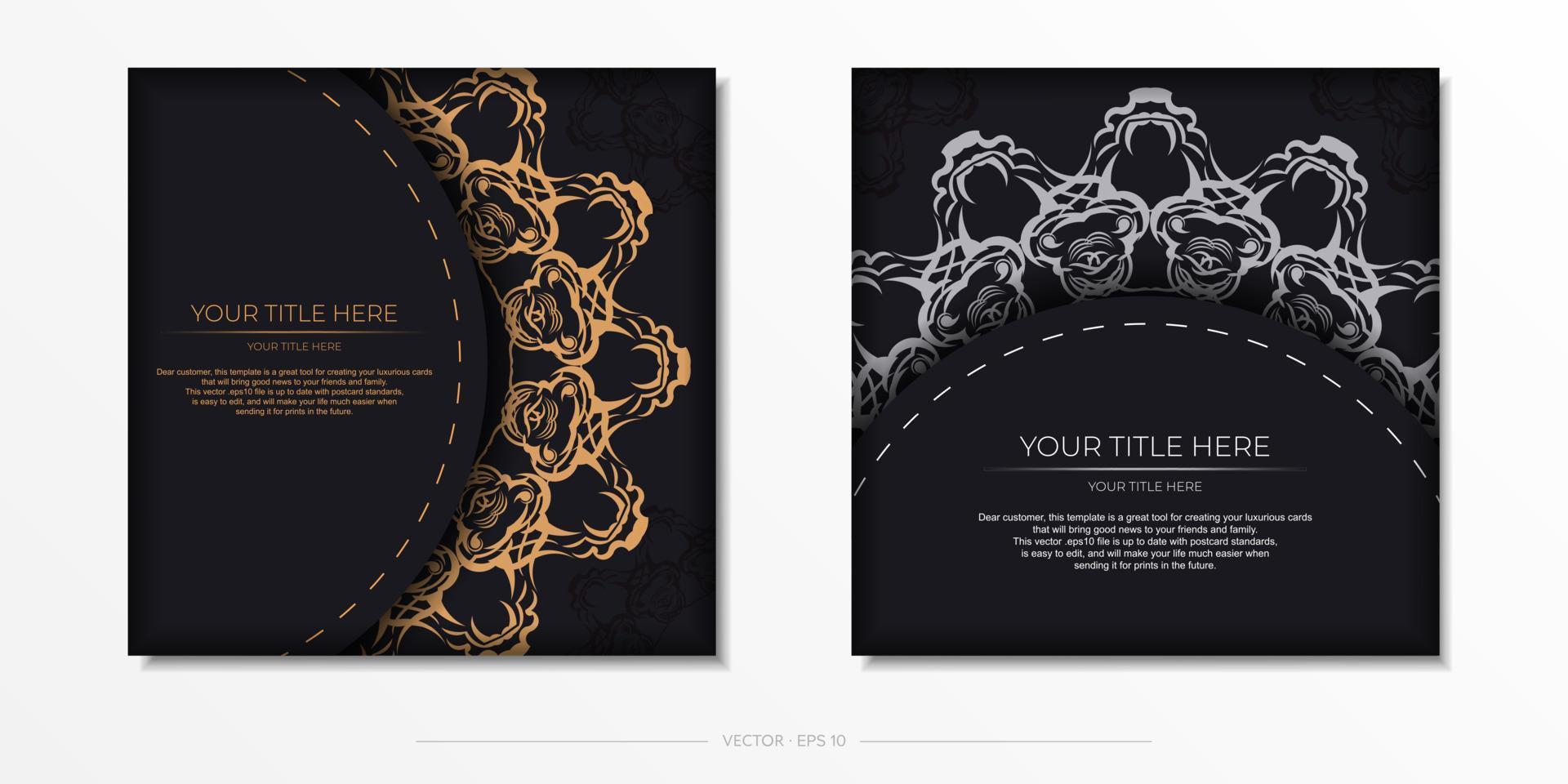 Square vector postcards in black color with luxury gold ornaments. Invitation card design with vintage patterns.