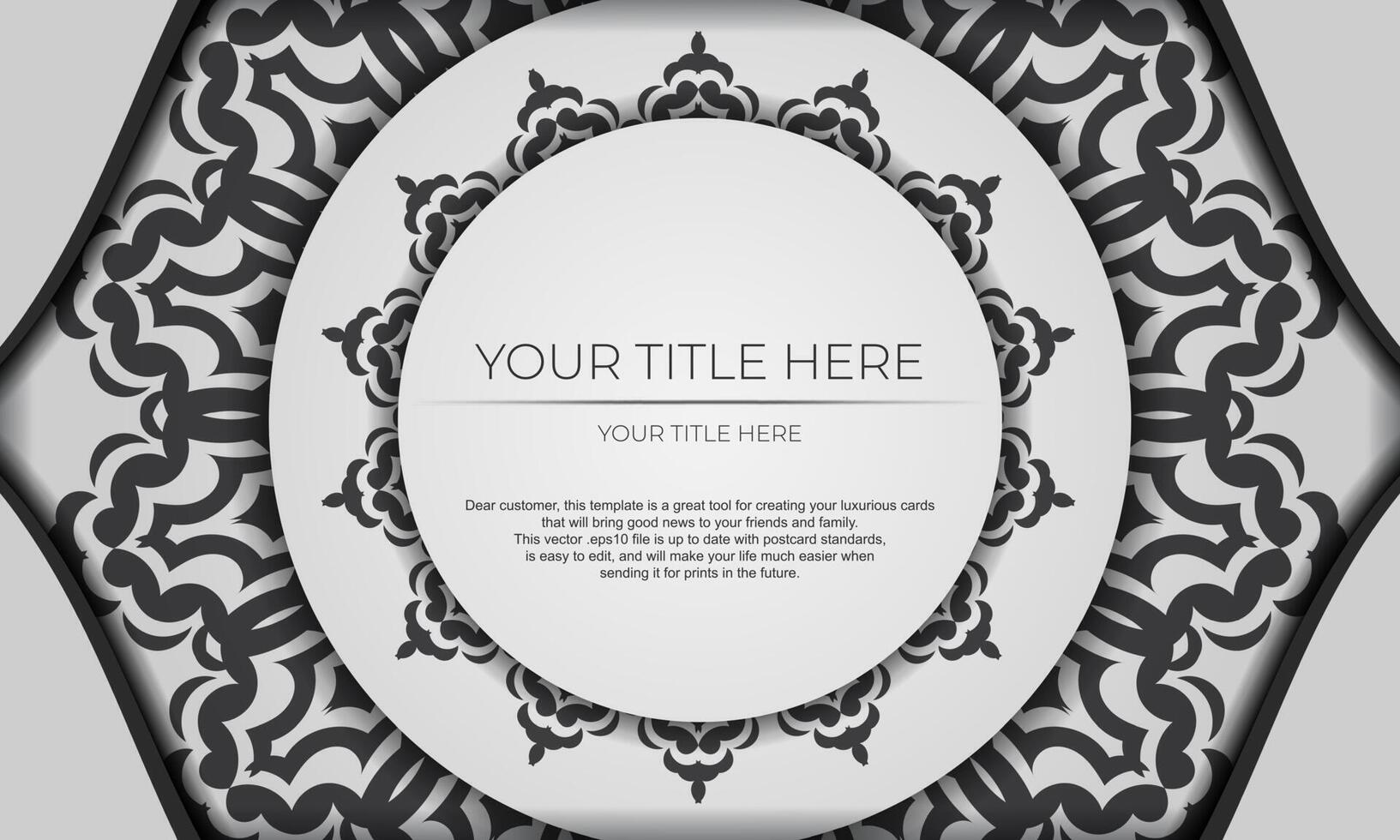 banner vectorial blanco con adornos negros y lugar para el texto. plantilla para diseño de tarjeta de invitación imprimible con patrones de mandala. vector