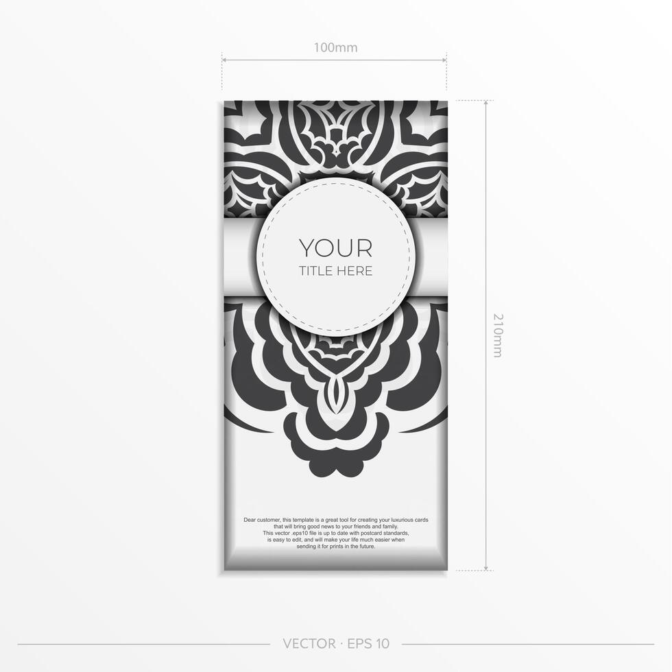 Luxurious Vector Template for Postcard White Colors with Indian Patterns. Print-ready invitation design with mandala ornament.