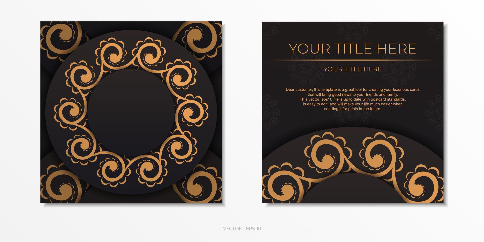 Square Postcard template in black color with Indian ornament. Print-ready invitation design with mandala patterns. vector