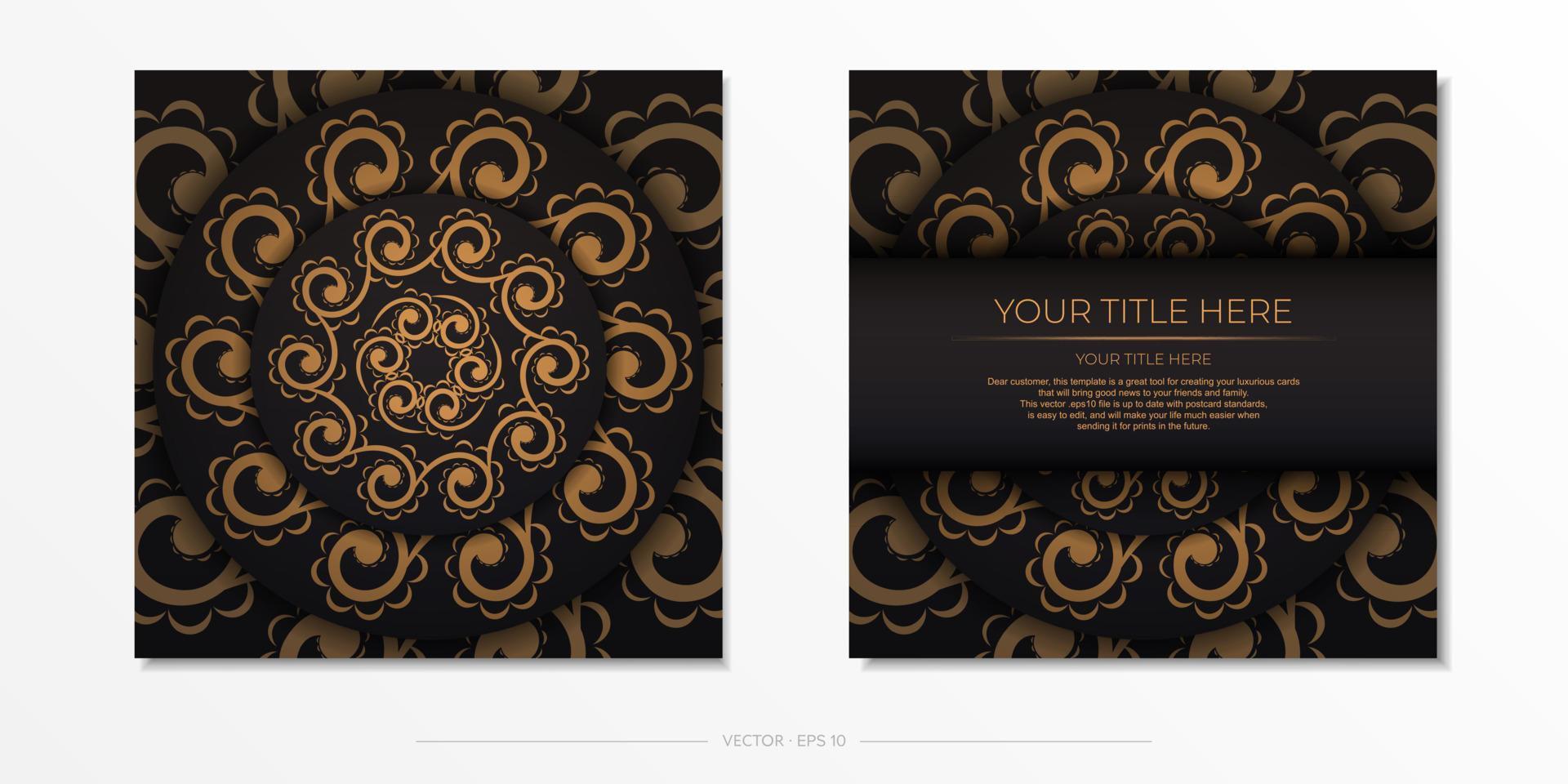 Black square postcard with Indian ornaments. Invitation card design with mandala patterns. vector