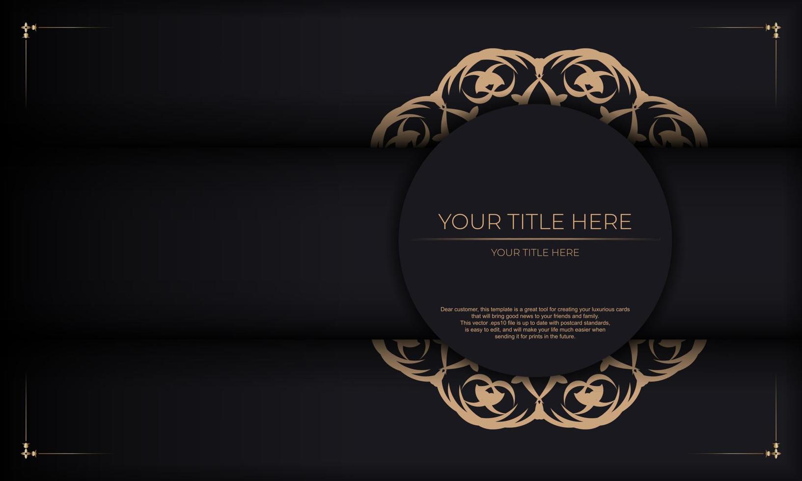 Invitation card design with vintage patterns. Black banner with luxurious ornaments and place for your text. vector