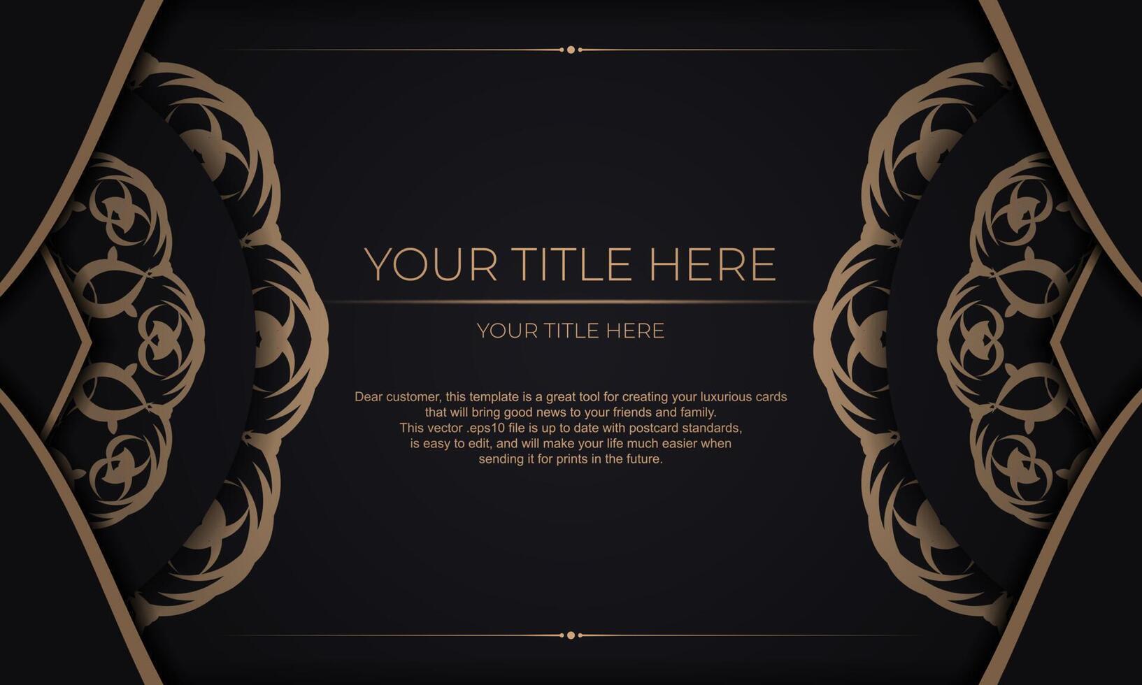 Template for design printable invitation card with vintage ornament. Black vector banner with luxury ornaments for your design.