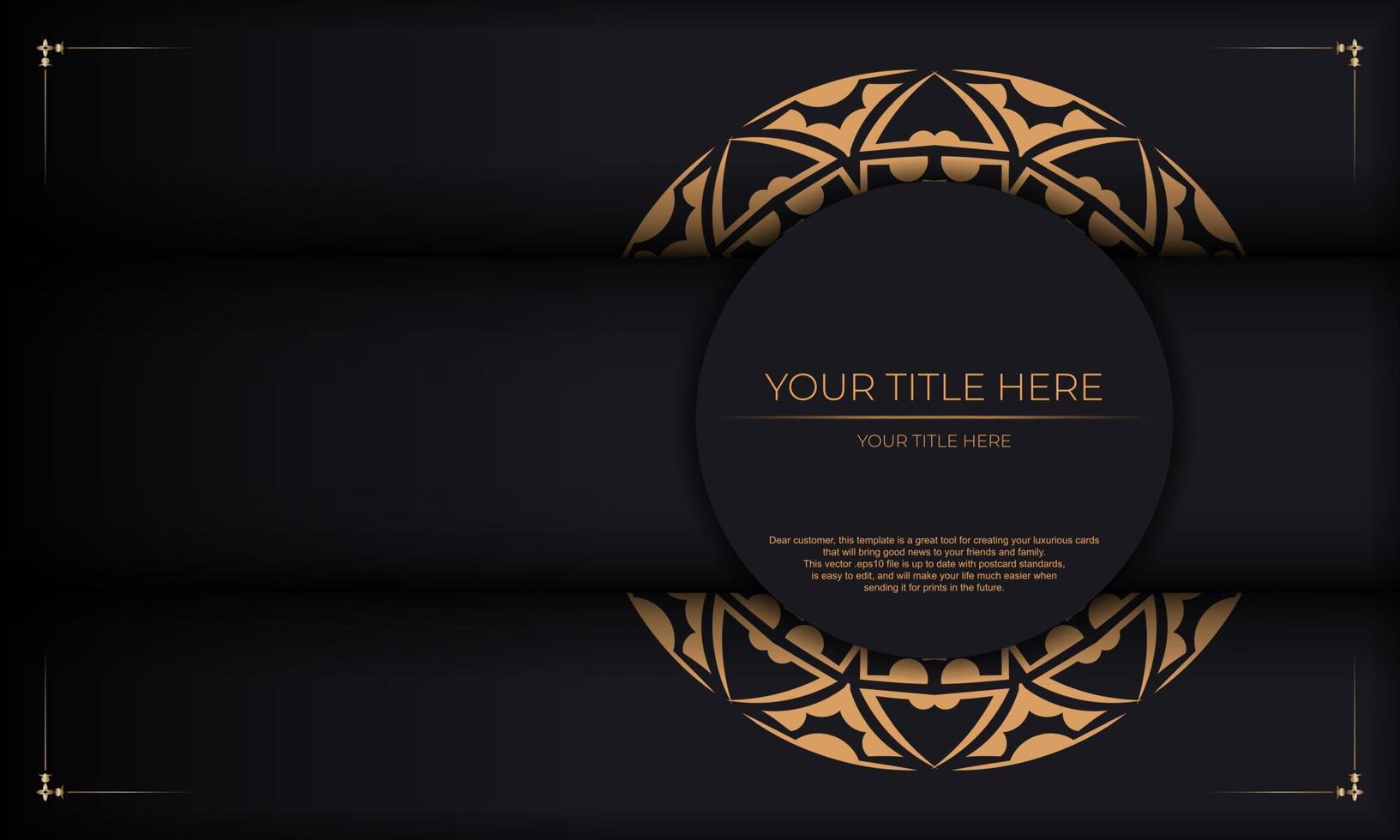 Black banner with luxurious orange ornaments and place for your text and logo. Postcard design with Greek patterns. vector