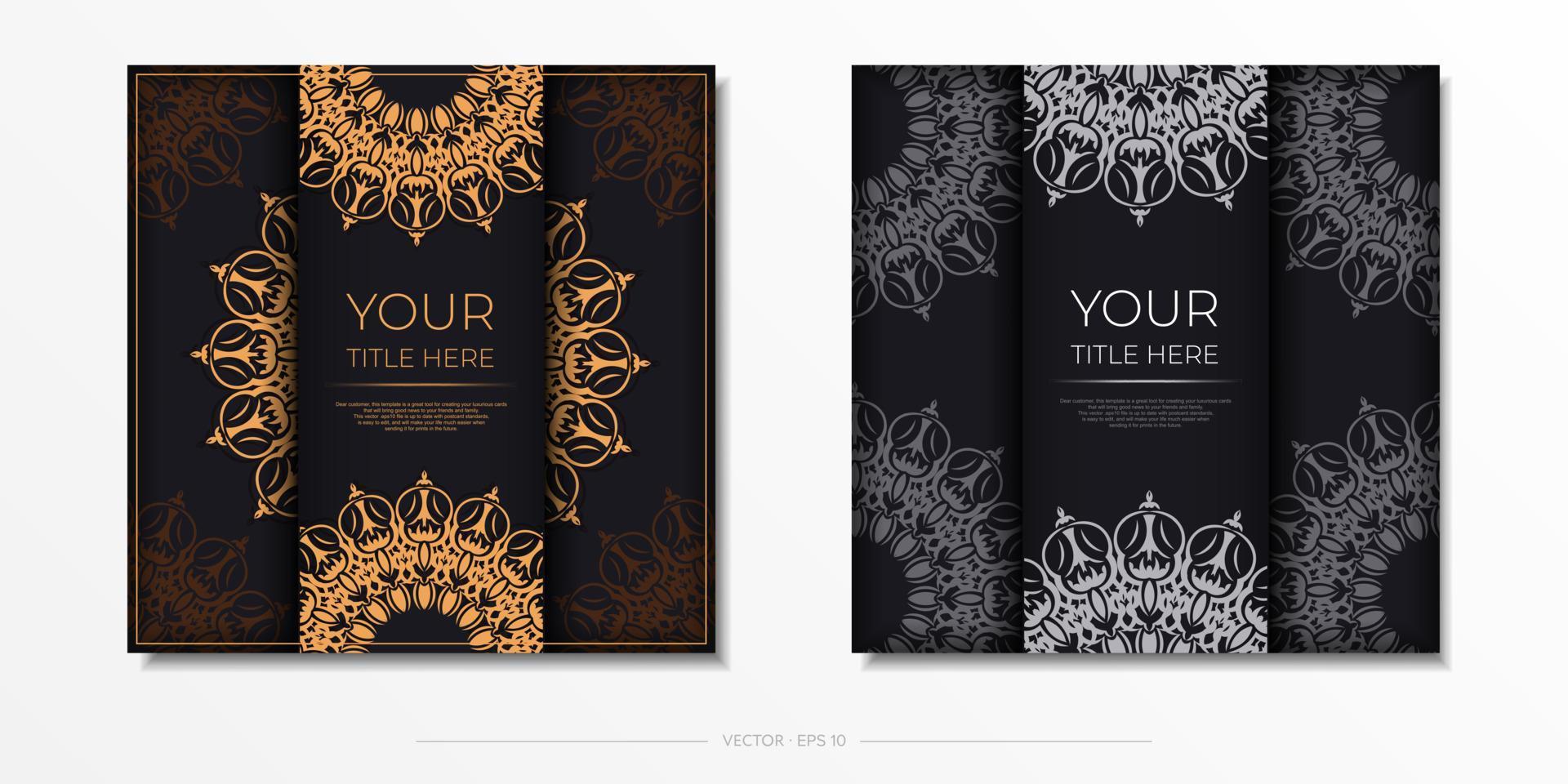 Square vector postcards in Black color with luxurious patterns. Invitation card design with vintage ornament.