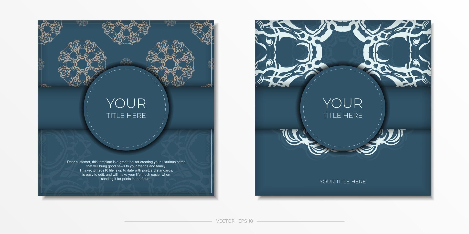 Blue square postcards with luxurious light patterns. Invitation card design with vintage ornament. vector