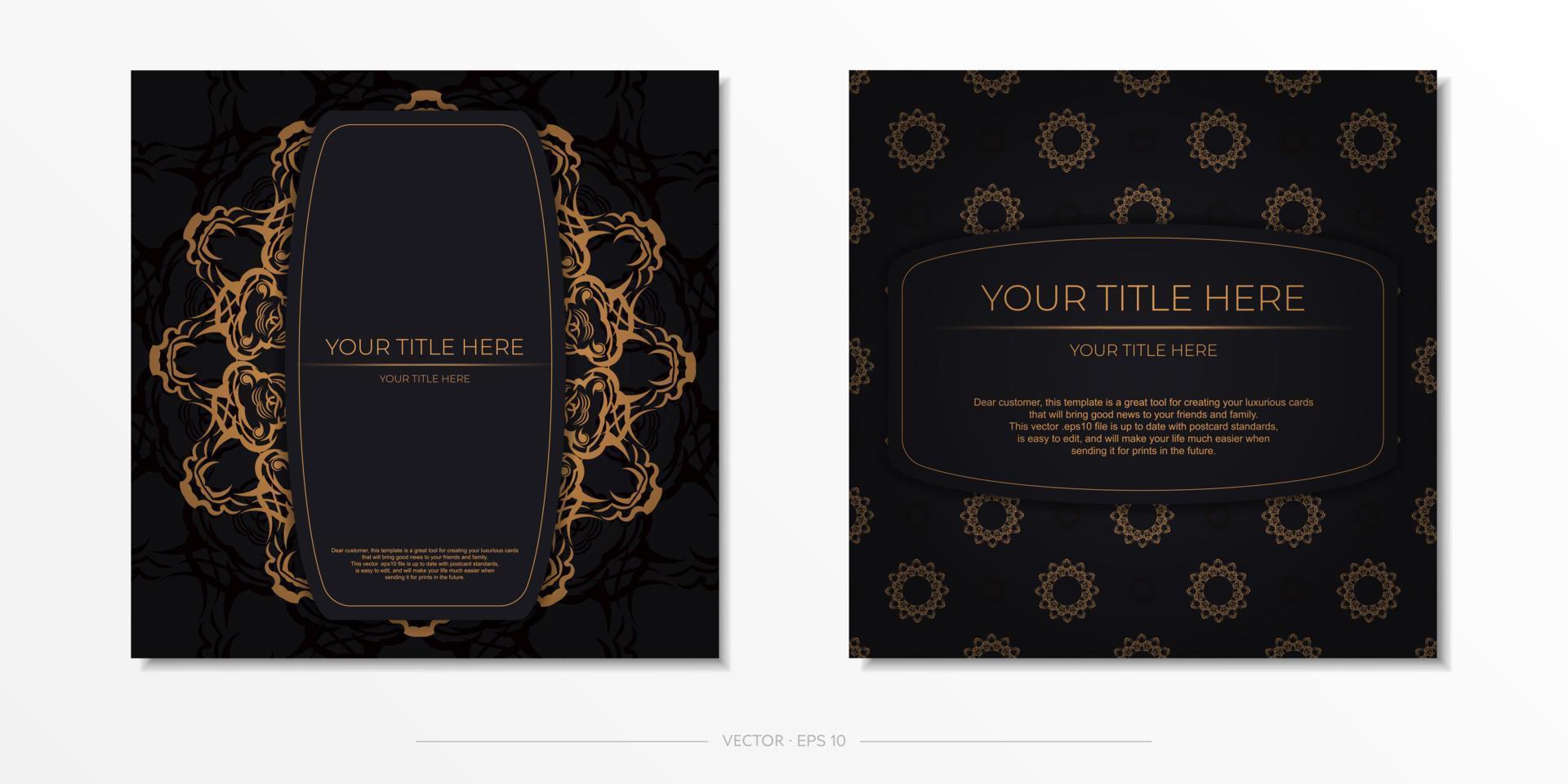 cuadrados preparando postales en negro con lujosos adornos dorados. plantilla para tarjeta de invitación de diseño imprimible con patrones antiguos. vector