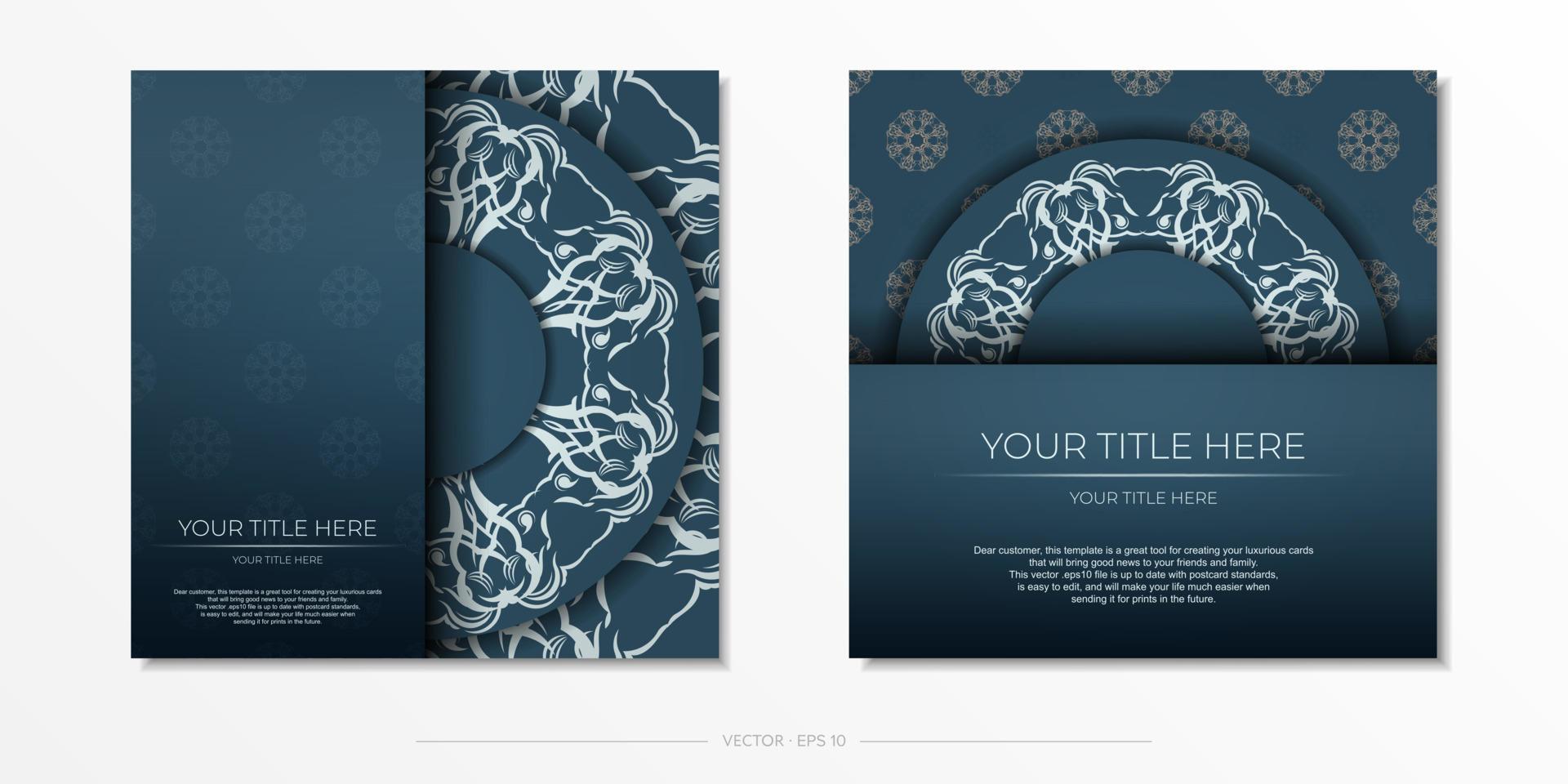 Square Preparing a blue postcard with a luxurious light ornament. Vector Template for printing design invitation card with vintage patterns.