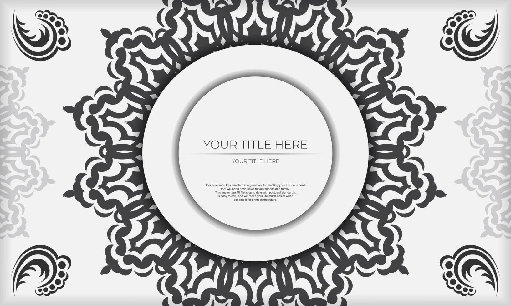 White banner template with black ornaments and place for your design. Invitation card design with mandala patterns. vector