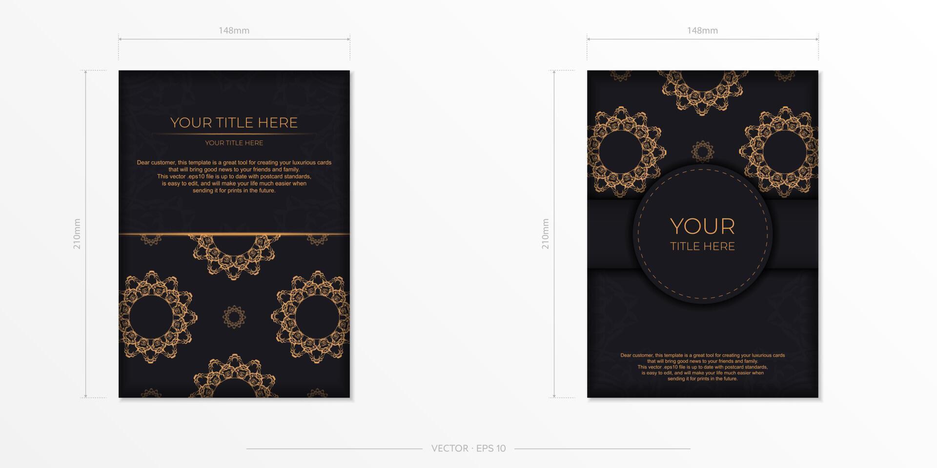 Rectangular postcards in black with luxurious gold ornaments. Vector design of invitation card with vintage patterns.