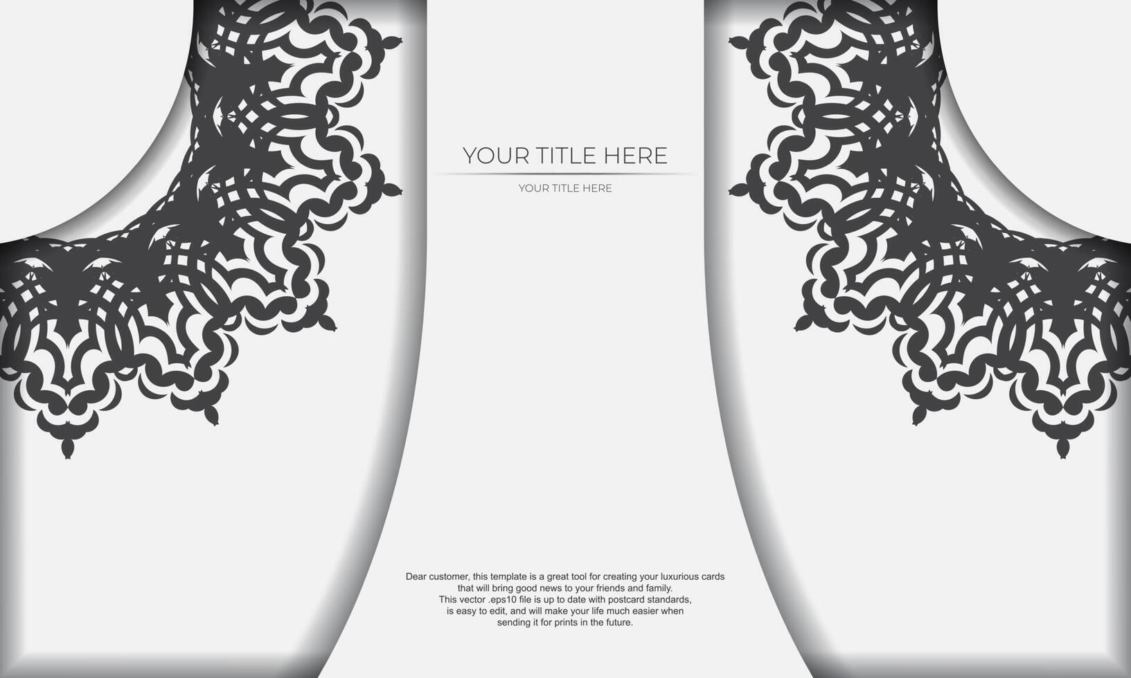 White template banner with black ornaments and place under the text. Template for design printable invitation card with mandala patterns. vector