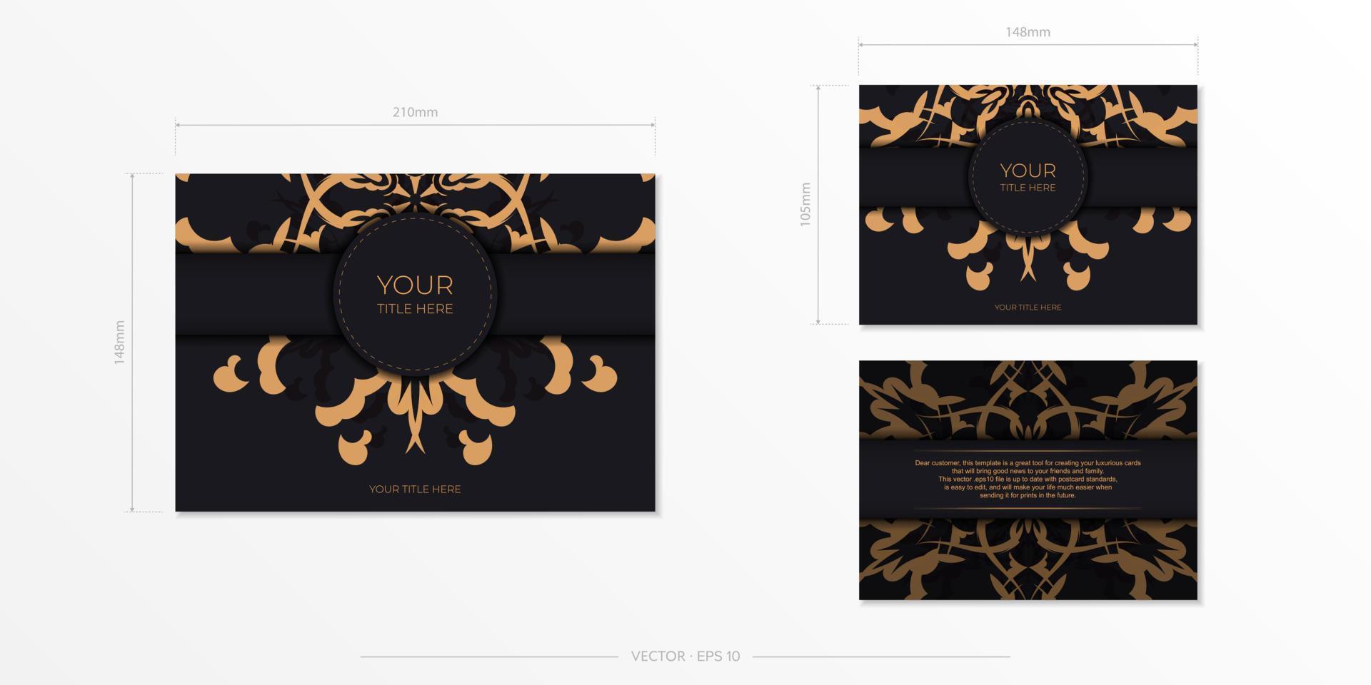 Set of Black color postcard template with Indian patterns. Vector Print-ready invitation design with mandala ornament.