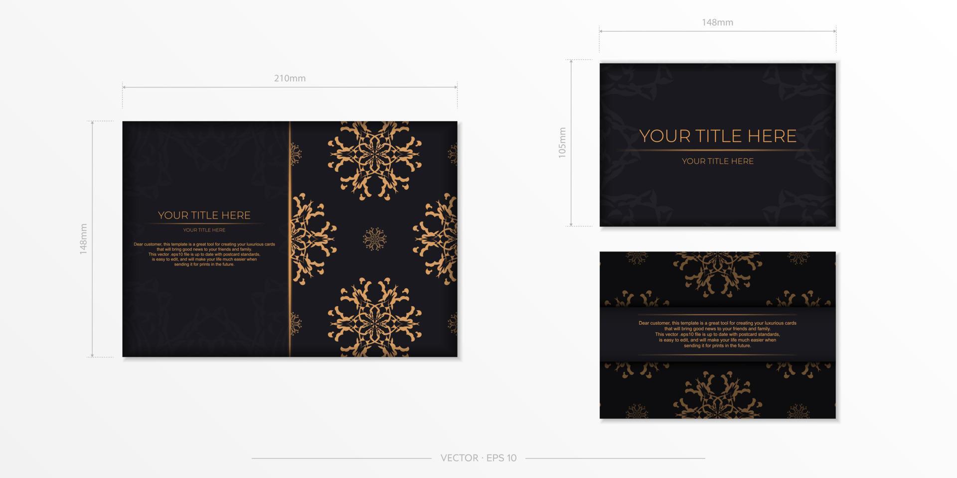 Set of Black color postcard template with Indian patterns. Vector Print-ready invitation design with mandala ornament.