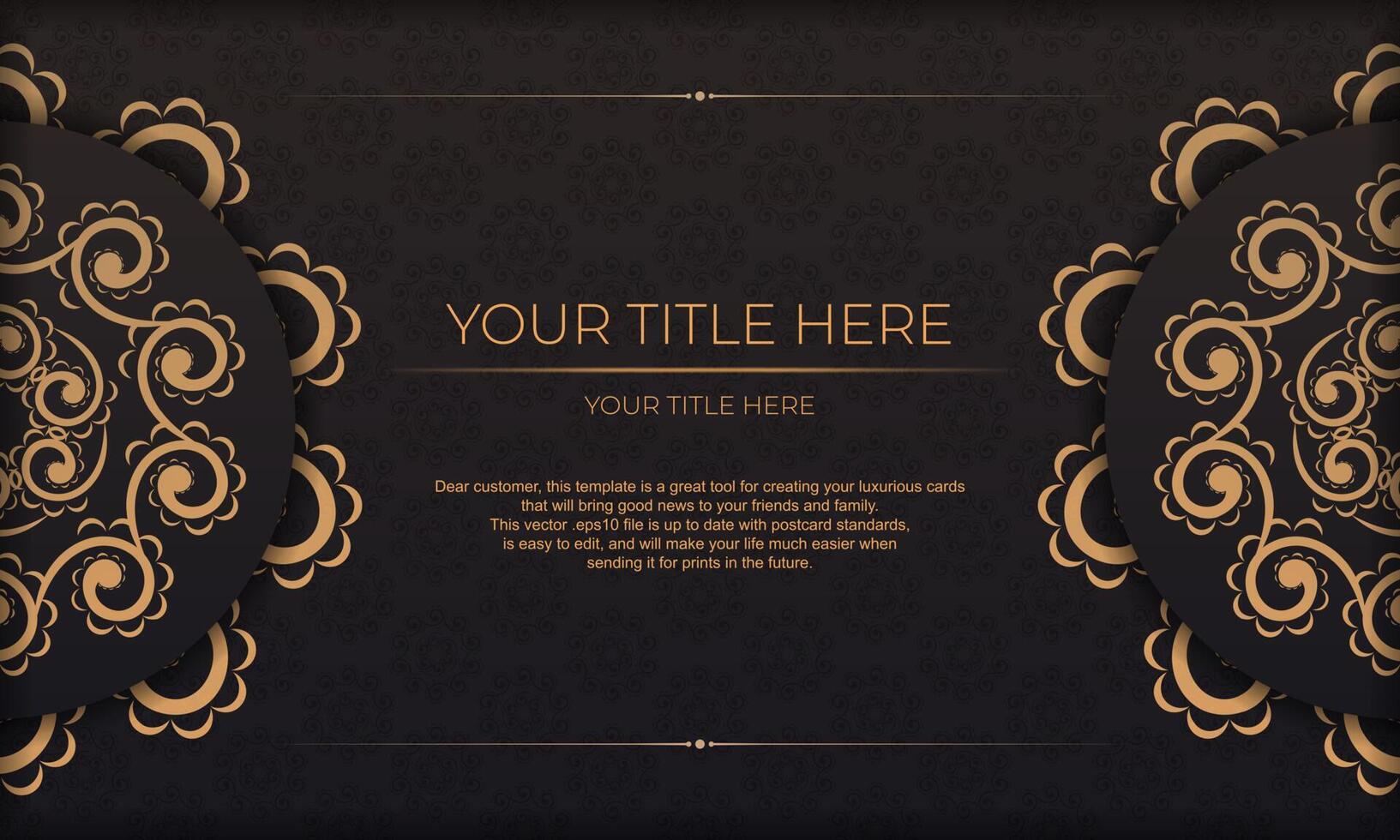 Black vector banner of gorgeous vector patterns with mandala ornaments and place under text. Template for print design invitation card with mandala ornament.