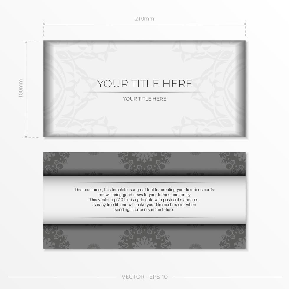 Stylish Template for print design postcards in white color with luxurious Greek patterns. Vector preparation of invitation card with vintage ornament.